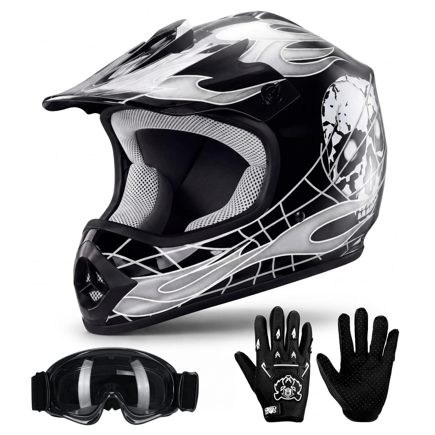 TCT-MOTORPARTS Black Skull Boy DOT Kids Youth Motocross Helmets ATV Off-Road Dirt Bike Motorcycle Full Face Helmet+Gloves+Goggles Small : Automotive