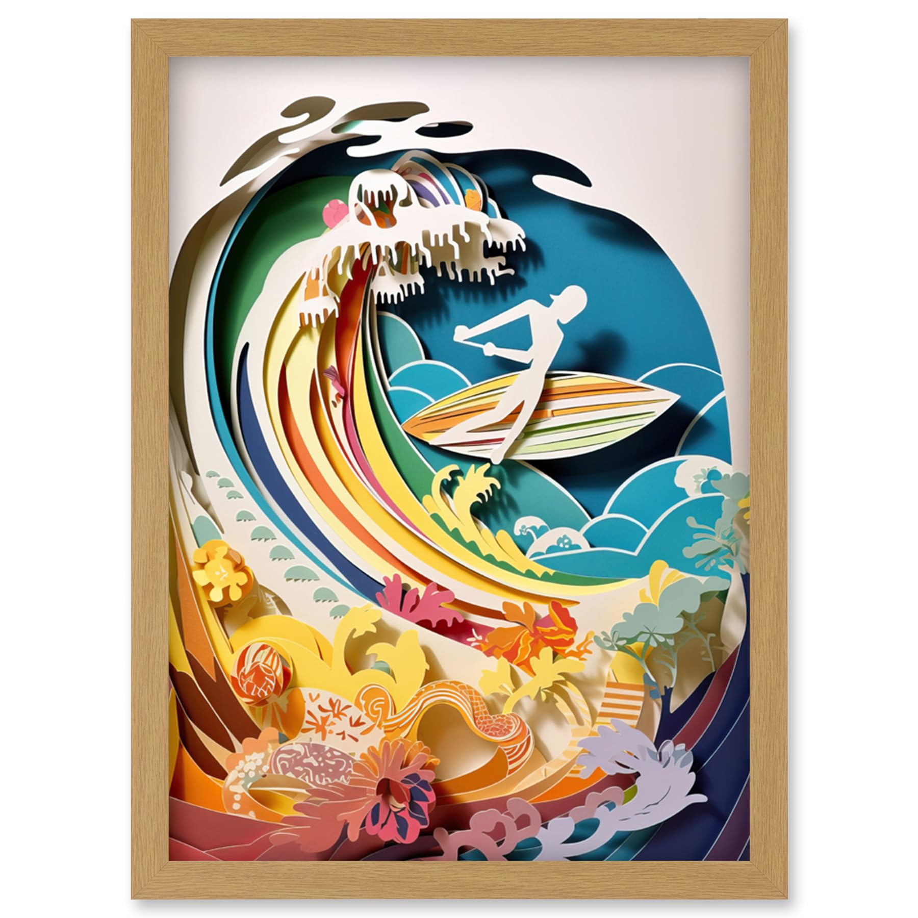 Artery8 Rainbow Kirigami Surfer Surfing Coastal Landscape Artwork Framed Wall Art Print A4