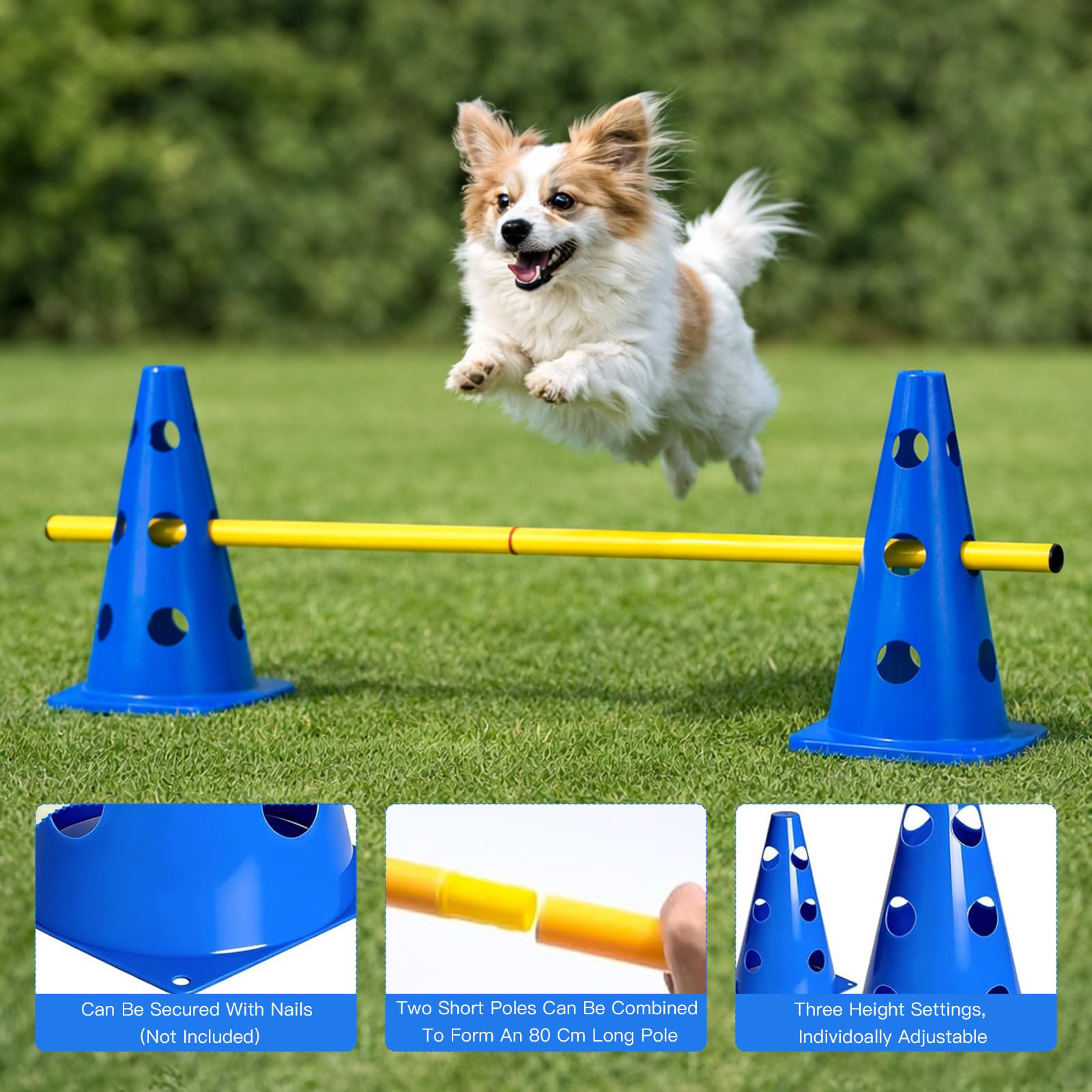 Set Ostacoli Steccati 10 Coni + 5 Aste – Agility Hurdles Regolabili in Altezza per Sport Canino e Allenamento Calcio – Set Multiuso per Cani, Bambini e Cavalli – Altezza 23 cm, Lunghezza 80 cm