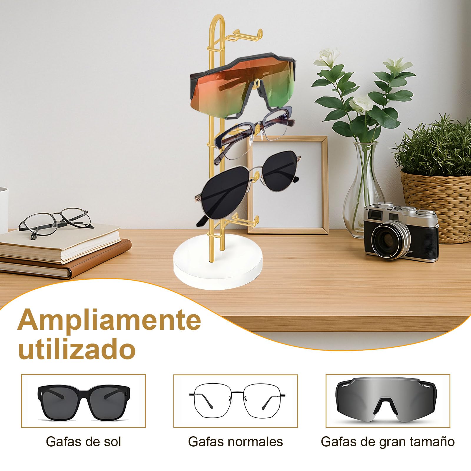 Soporte para Gafas de Sol Expositor Organizador Elegante de Metal con Base de Madera para 5 Pares