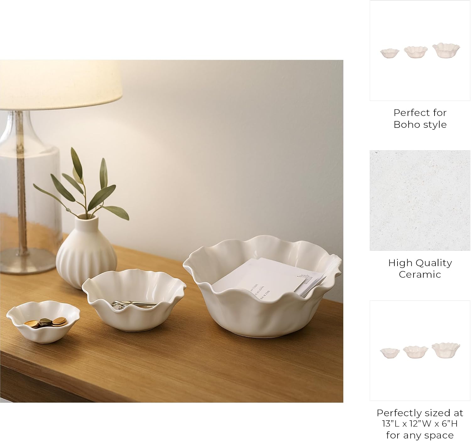Decorative Petal Bowl for Coffee Table Decor - Stylish Centerpiece Table Decorations or Kitchen Counter Decor - Modern Elegant Home Decor Accent for Key and Candy Bowl - Set of 3, 12", 10", 8", Ivory