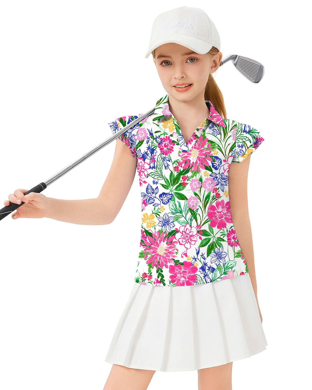 Soneven Girls Ruffle Sleeve Polo Shirts V-Neck Golf Tennis T-Shirts Uniform Shirts Quick Dry for 4-14 Years