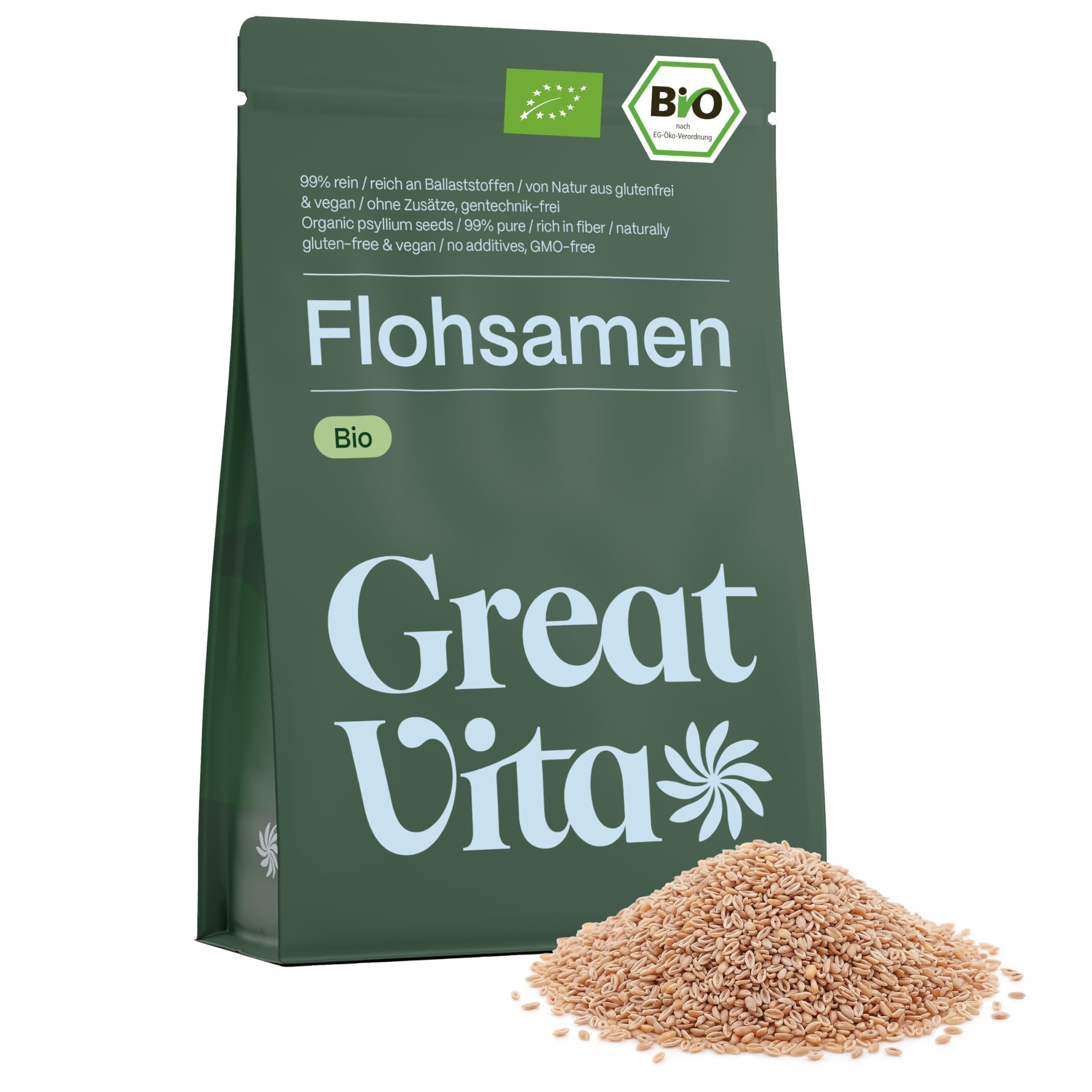 GreatVita Bio Flohsamen 6x 1000g | 99% reine ganze Flohsamen - zertifizierte Bio-Qualität aus Indien | reich an Ballaststoffen & glutenfrei, vegan - ideal für eine gesunde Ernährung