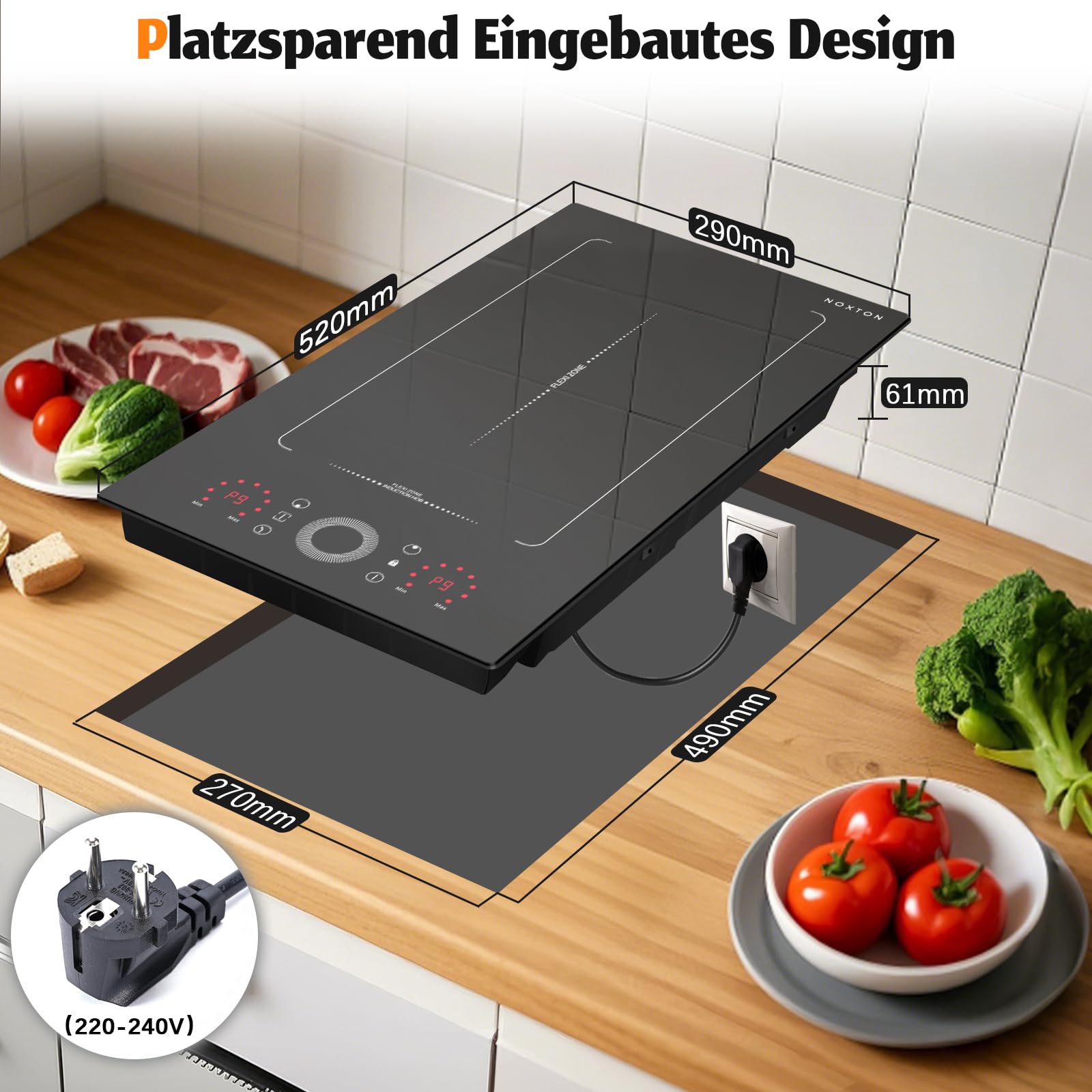 NOXTON Domino Induktionskochfeld Flexzone 2 Platten mit Runder Schieberegler, Induktionsfeld 2 Zonen mit Stecker, Induktion Kochfeld 30 cm Einbau mit Timer, Sicherheitsschloss, 220-240 V, 3500W