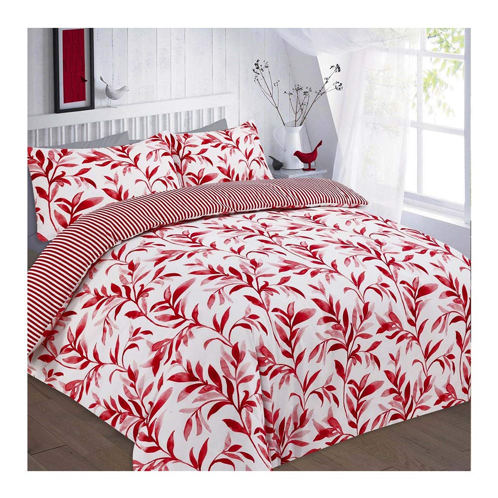 DL Leaf Duvet Cover Set With Pillowcase Single Size Bed Polycotton Floral Bedding Quilt, Ellie Red