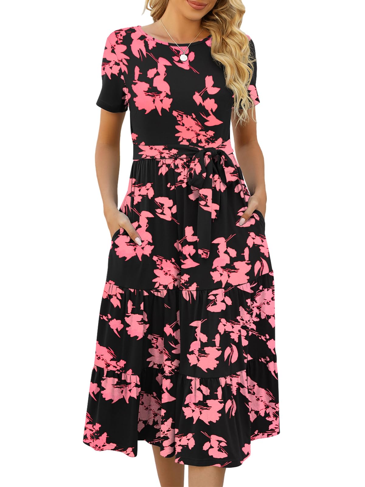 Lyrur Women's Summer Casual Short Sleeve Modest Teacher Church Midi Dress | Crew Neck, Tie Waist, Side Pockets, Flowy A-Line Fit for School Work Outfits for Educators, Office, Classroom and Daily Wear