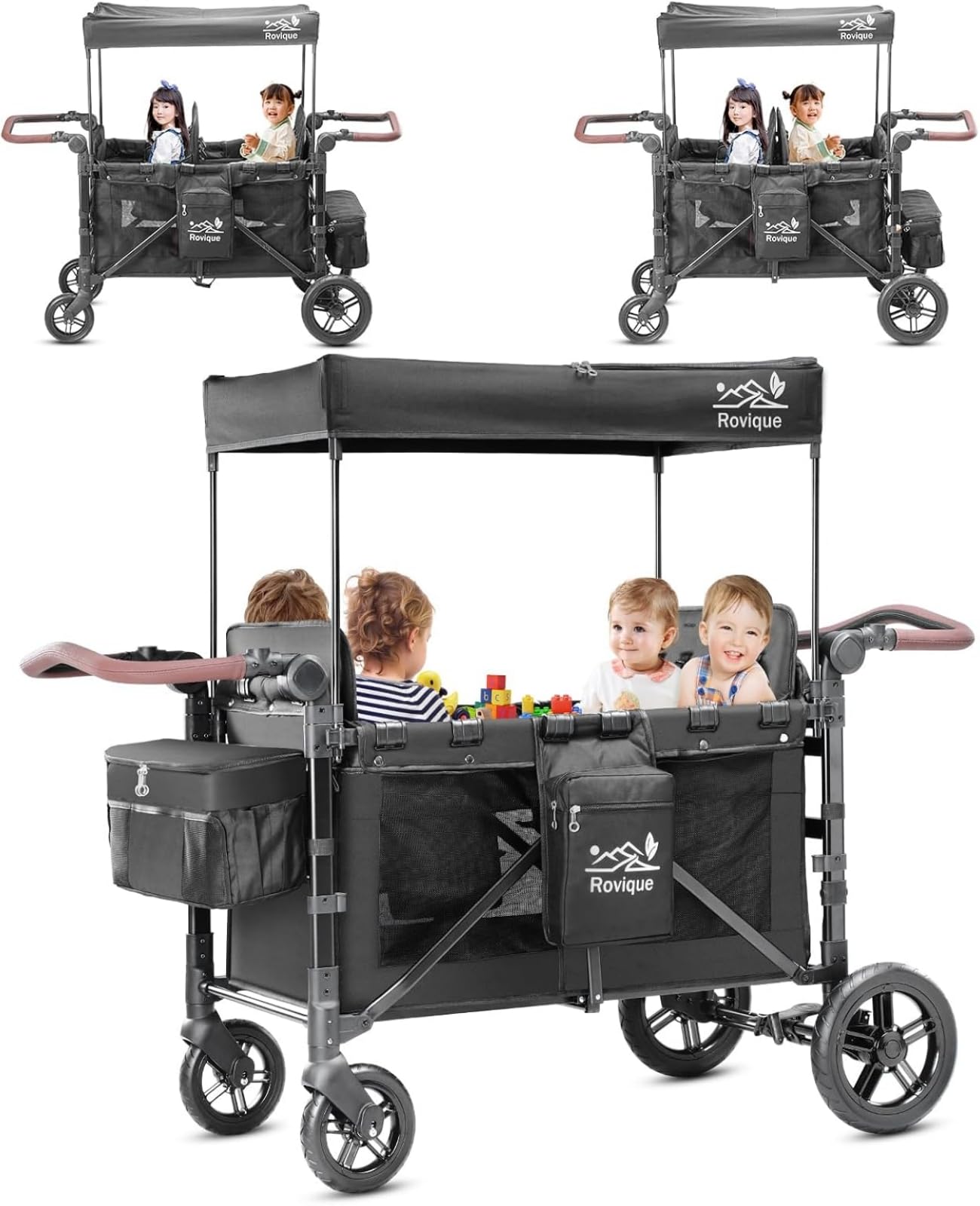 Rovique Chariot pliable pour enfant à 4 places avec toit, chariot de qualité supérieure à pousser et à tirer, avec plateau amovible, ceinture à 5 points, poignée réglable, durable - Noir