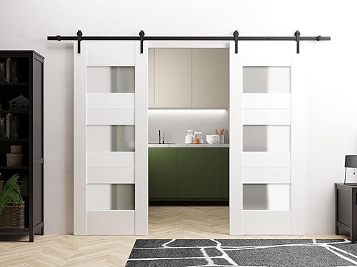 Miniatura 2 de VDOMDOORS Puerta doble moderna de granero de 60 x 80 pulgadas con vidrio opacoseda blanca Sete 6003  Juego de rieles de 13 piespuertas interiores de