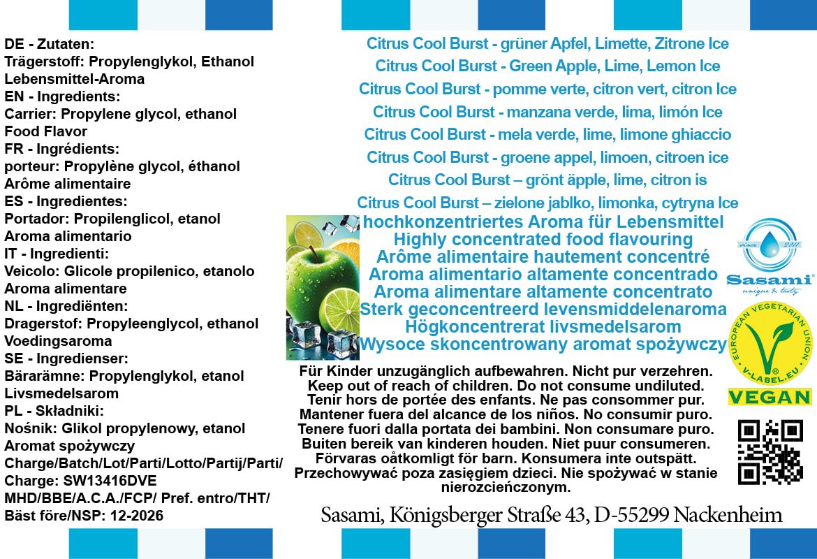 Citrus Cool Burst - grüner Apfel, Limette, Zitrone Ice Aroma Konzentrat - Vegan - Sasami - 100ml