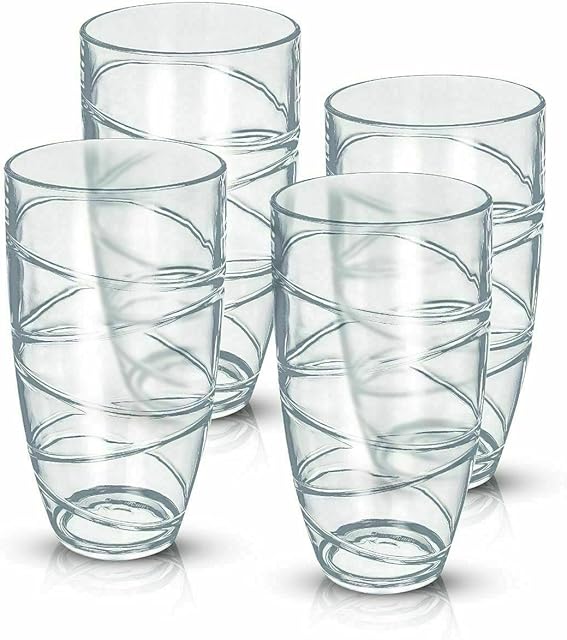 JJA Clear Acrylic Plastic Glassware Tumblers Glasses Swirl Design Set of 4 550ml Portable Highball Glasses Cups, Stackable Dishwasher Safe Water Juices Cocktail Camping Picnics & BBQs Parties