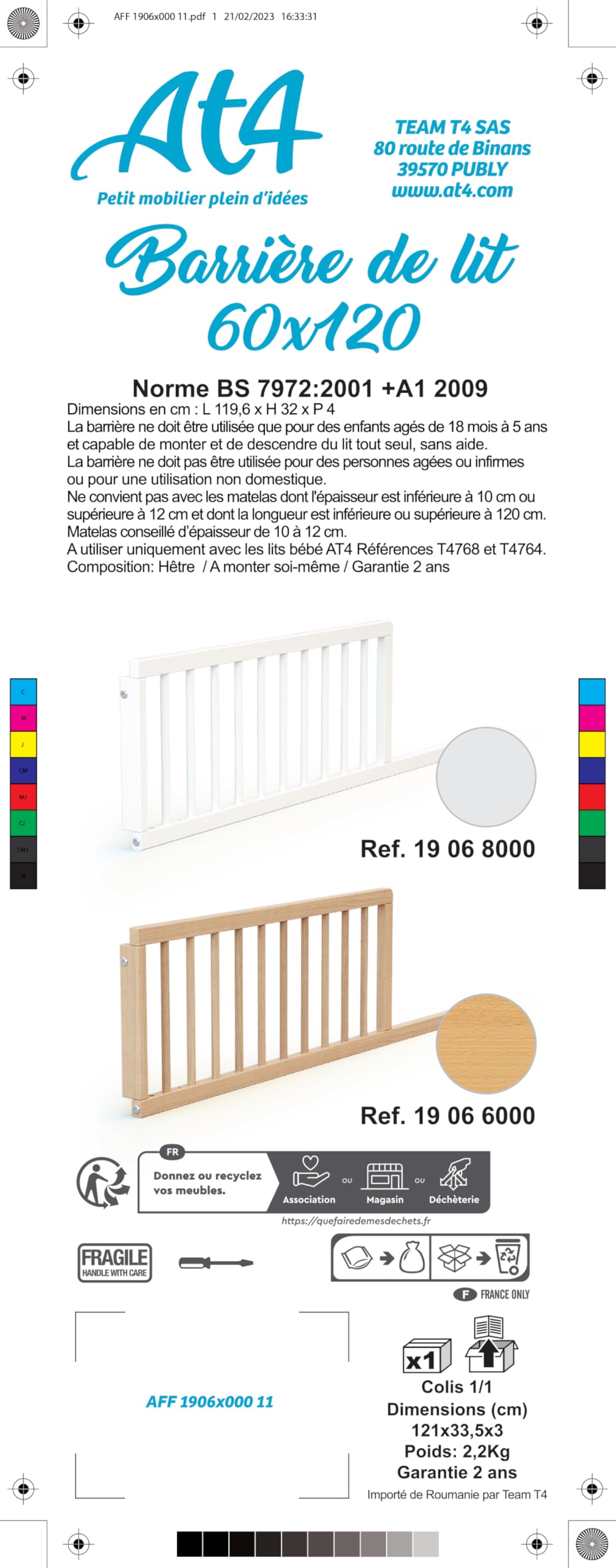 AT4 - Barrière de lit bébé 120cm FESTIVE Blanc - 120 x 32 x 4 cm | Facile à installer | En bois massif