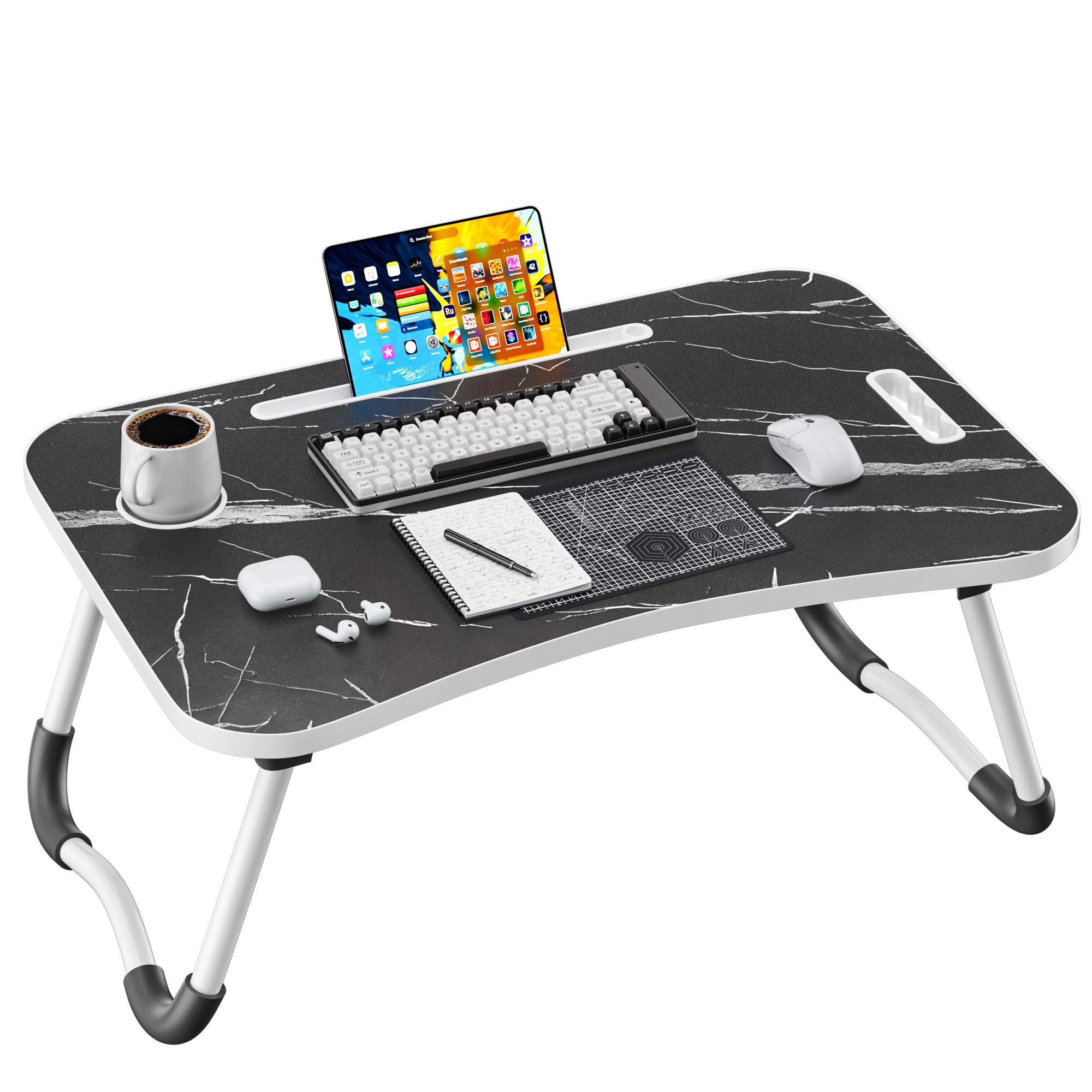 Folding Lap Desk, 23.6 Inch Wood Laptop Bed Desk with Cup Holder, Portable Bed Table for Working Writing Reading &amp; Eating for Bed, Sofa, Couch, Floor - Dark Black