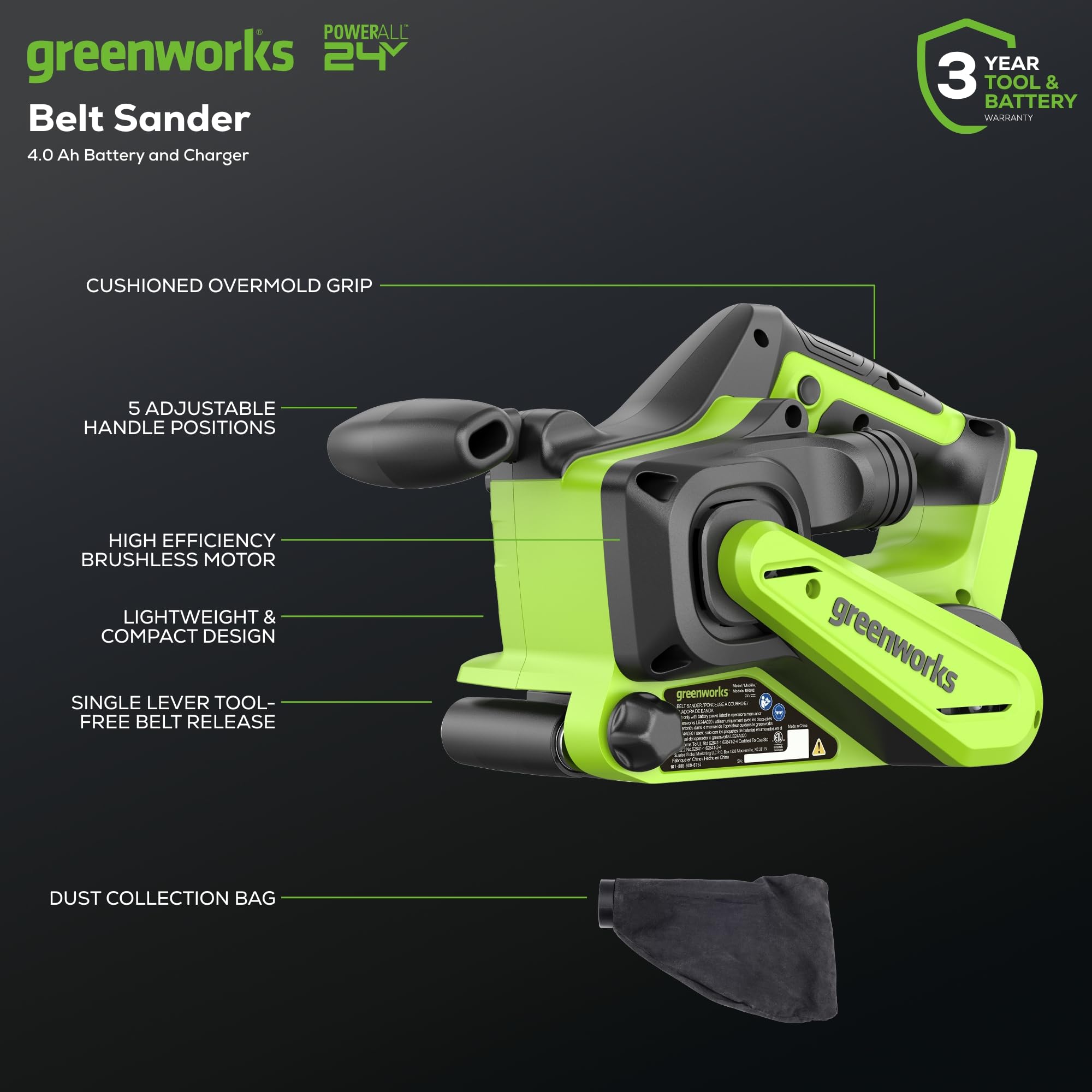 Greenworks Levigatrice a Nastro Senza Fili Senza Spazzole 24V 7,6x45,7 cm