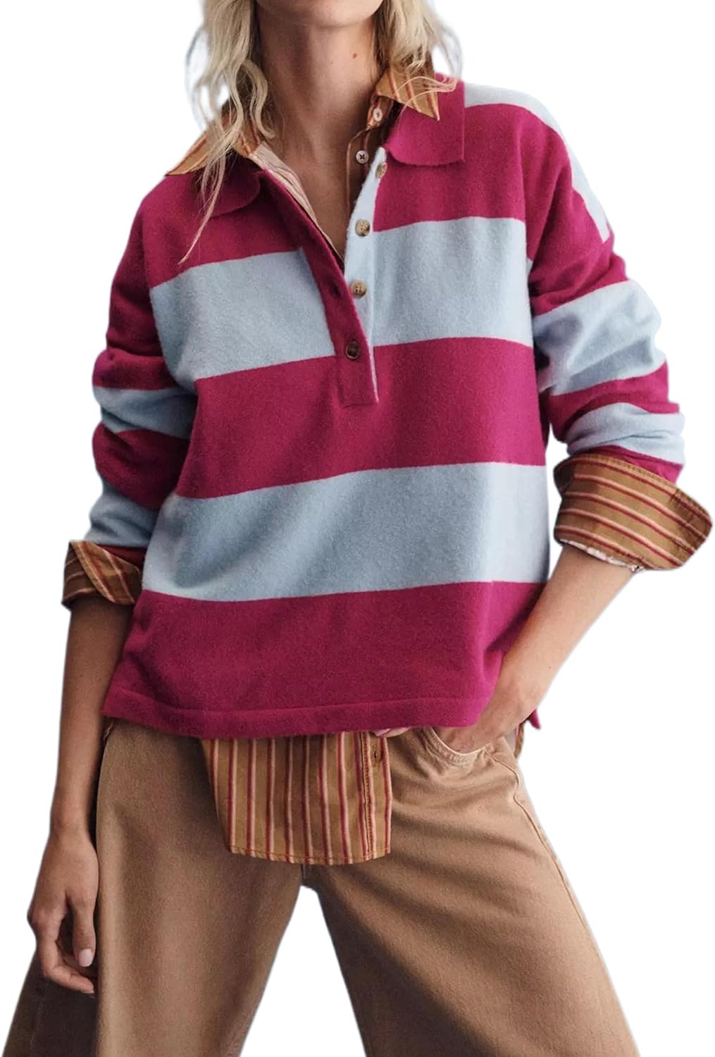 Womens Striped Sweater Shirts Lapel Polo V Neck Long Sleeve Strip Knit Pullover Casual Layer Top Jumper Y2K Shirt