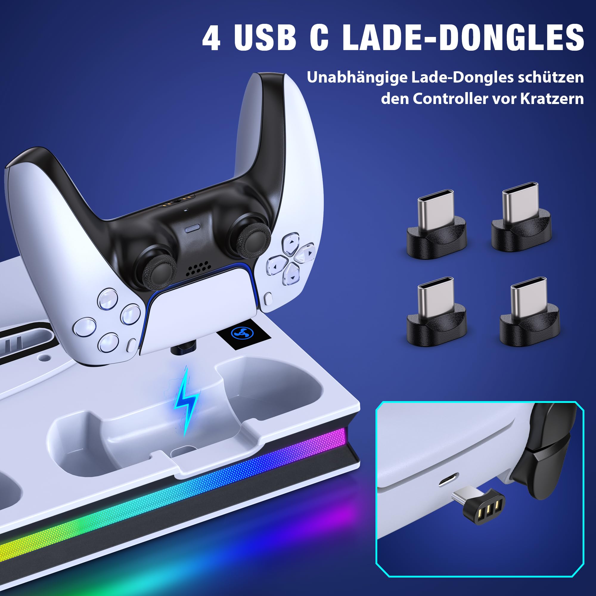 ALEEMTRY PS5 Support with LED Light, 3-Speed Fan, Joypad Charger, Headphone Hook, 4 USB-C Ports for PS5 Slim/Pro