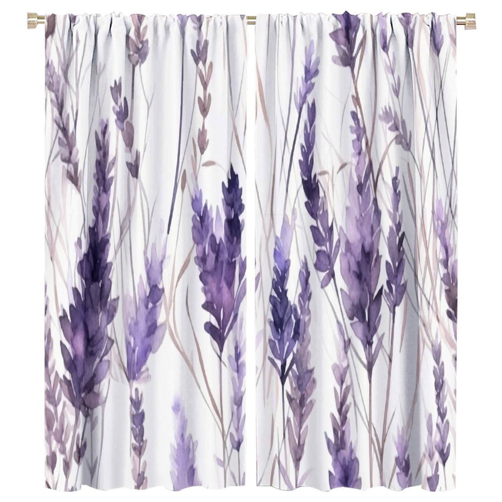 HZOHNAGO Lavender Flower Curtain Watercolor Purple Floral Pattern Blackout Print Rod Pocket Window Drapes for Bedroom Living Room 55x63in