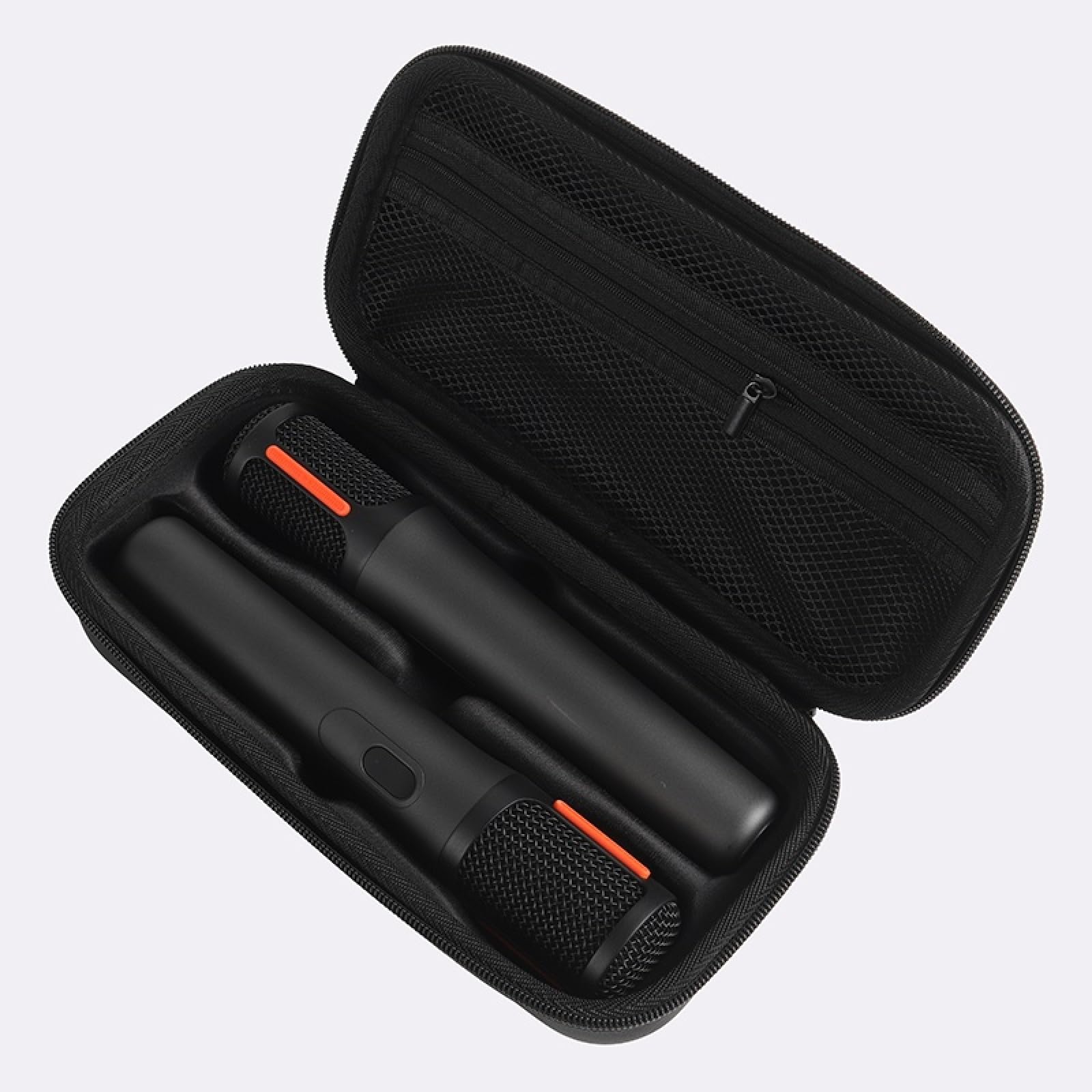 PartyBox Étui de transport pour microphone sans fil JBL PartyBox avec deux microphones portables pour récepteurs, adaptateurs, piles AA, organiseur de chargeur, noir
