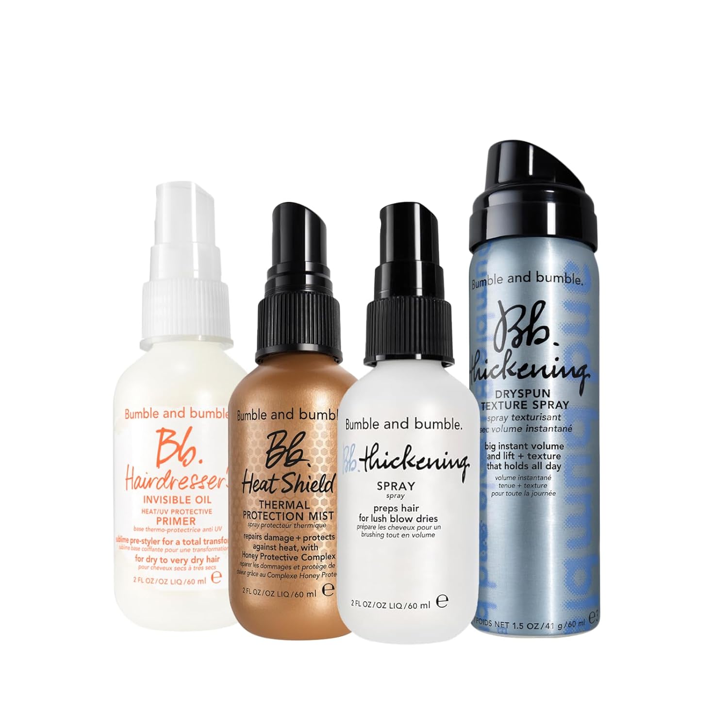 Bumble and bumble. Hairdresser’s Invisible Oil Heat/UV Protection Leave-In Conditioner Hair Primer + Thickening Dryspun Volume Spray + Heat Shield + Thickening Spray Set, Mini Travel Size