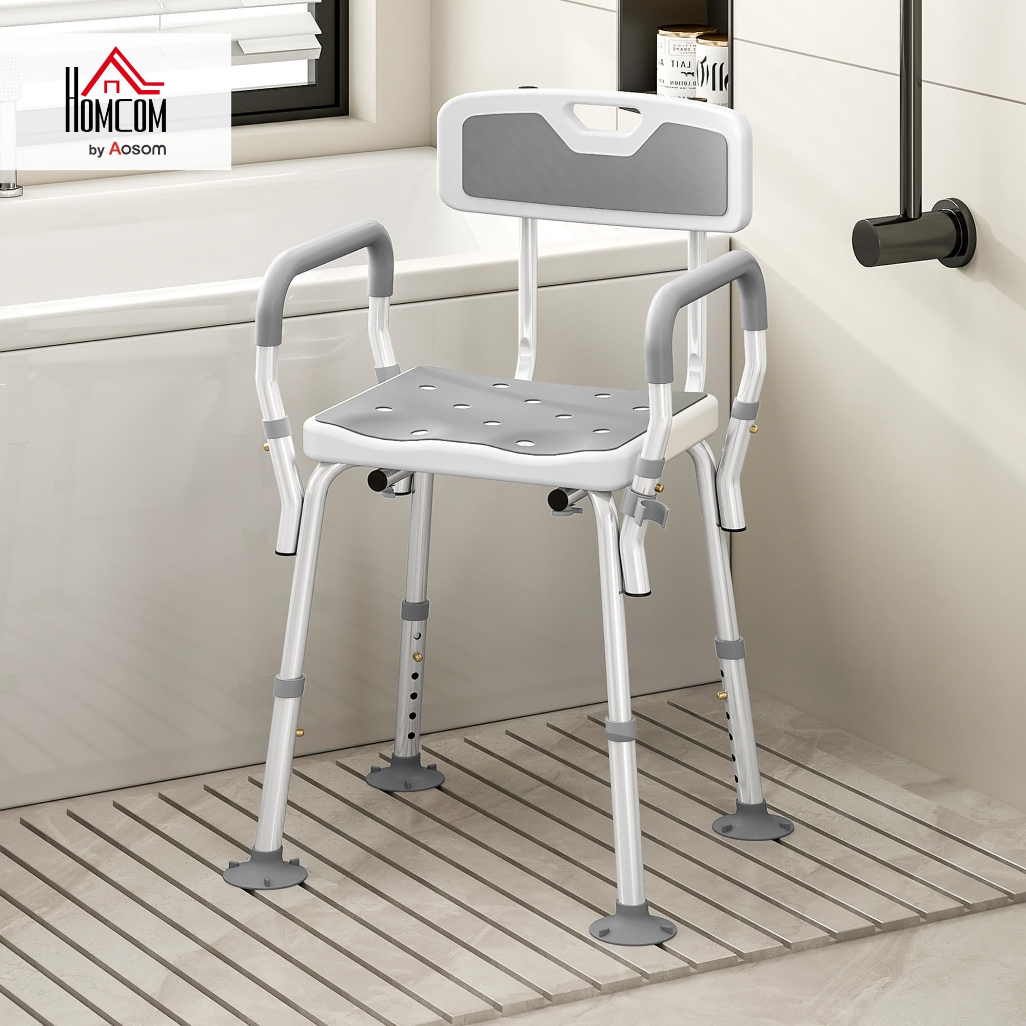 HOMCOM - Taburete de ducha ergonómico, altura ajustable, 136 kg, color gris claro | Silla de ducha, patas antideslizantes, Alu HDPE