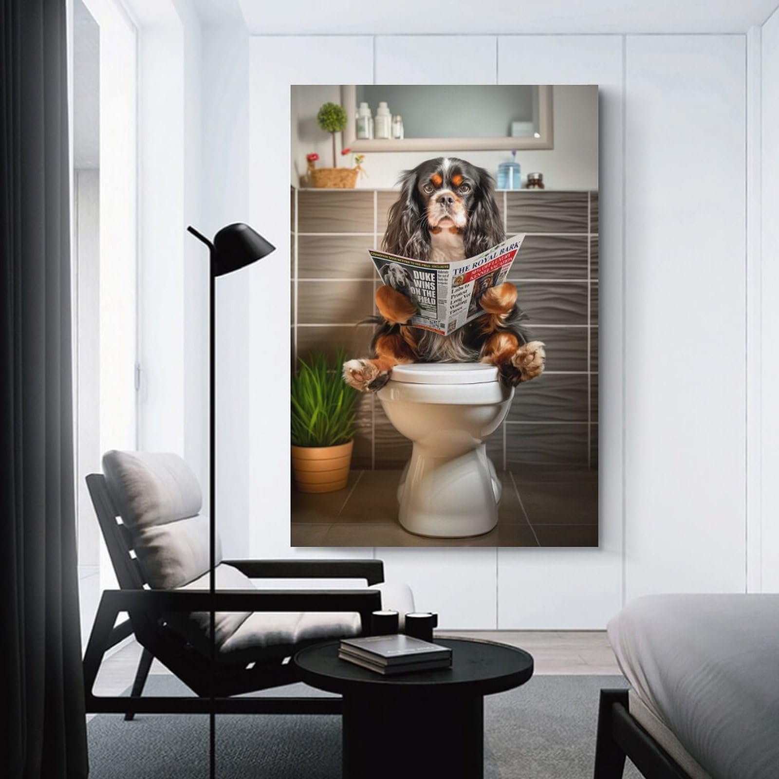 Junmoney Unframe-Style-19 Spaniel On The Toilet Canvas Wall Decor, 08X12inch(20X30cm), For Wall Displays, Bedrooms Or Room Updates, Wall Decor Suited To Curated Displays