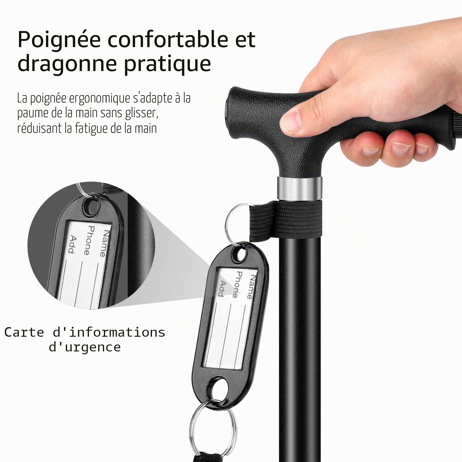 Canne de marche pliable avec lumière pour homme et femme - Canne de marche pliable avec base antidérapante - Hauteur réglable de 77 à 90 cm