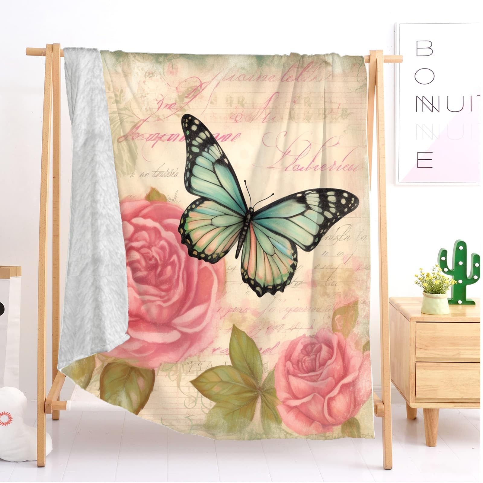 Kuscheldecke Flauschig - Wolldecke & Fleecedecke Flanell Sofadecke Romantische Schmetterlinge Und Blumen Weiche Warme Sherpa Decke 150x200cm Rosa für Zimmer Deko, Couch Und Bett Plüsch Blanket