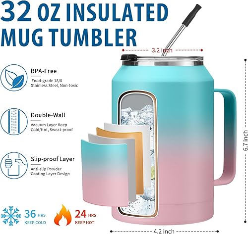 Miniatura 9 de VICKNIY Vaso de 50 onzas con asa y pajilla, tapa 2 en 1, funda de botella de agua de silicona, tazas de café de acero inoxidable, taza de agua con