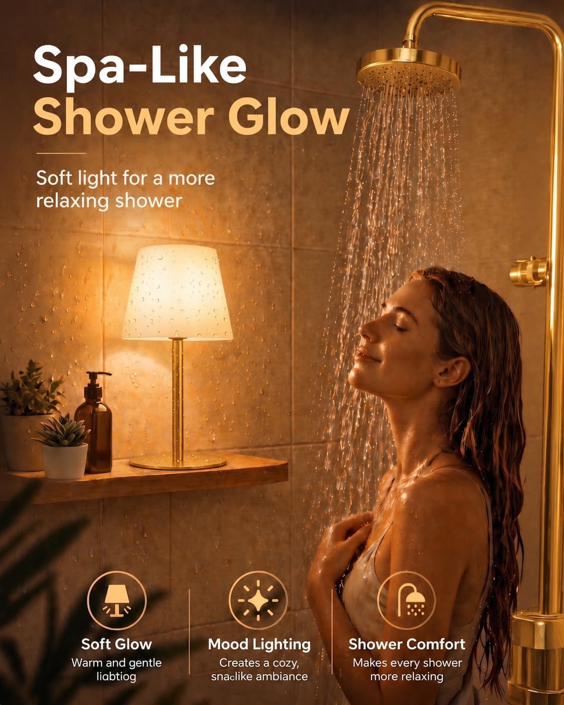EZVALO Outdoor Cordless Table Lamp, IP65 Waterproof 4500mAh Rechargeble Shower Lamp, Dimmable Touch Lamp, LED Night Light Lamp for Bathroom Patio Camping Restaurant Home 1 Pack (Gold) image 3