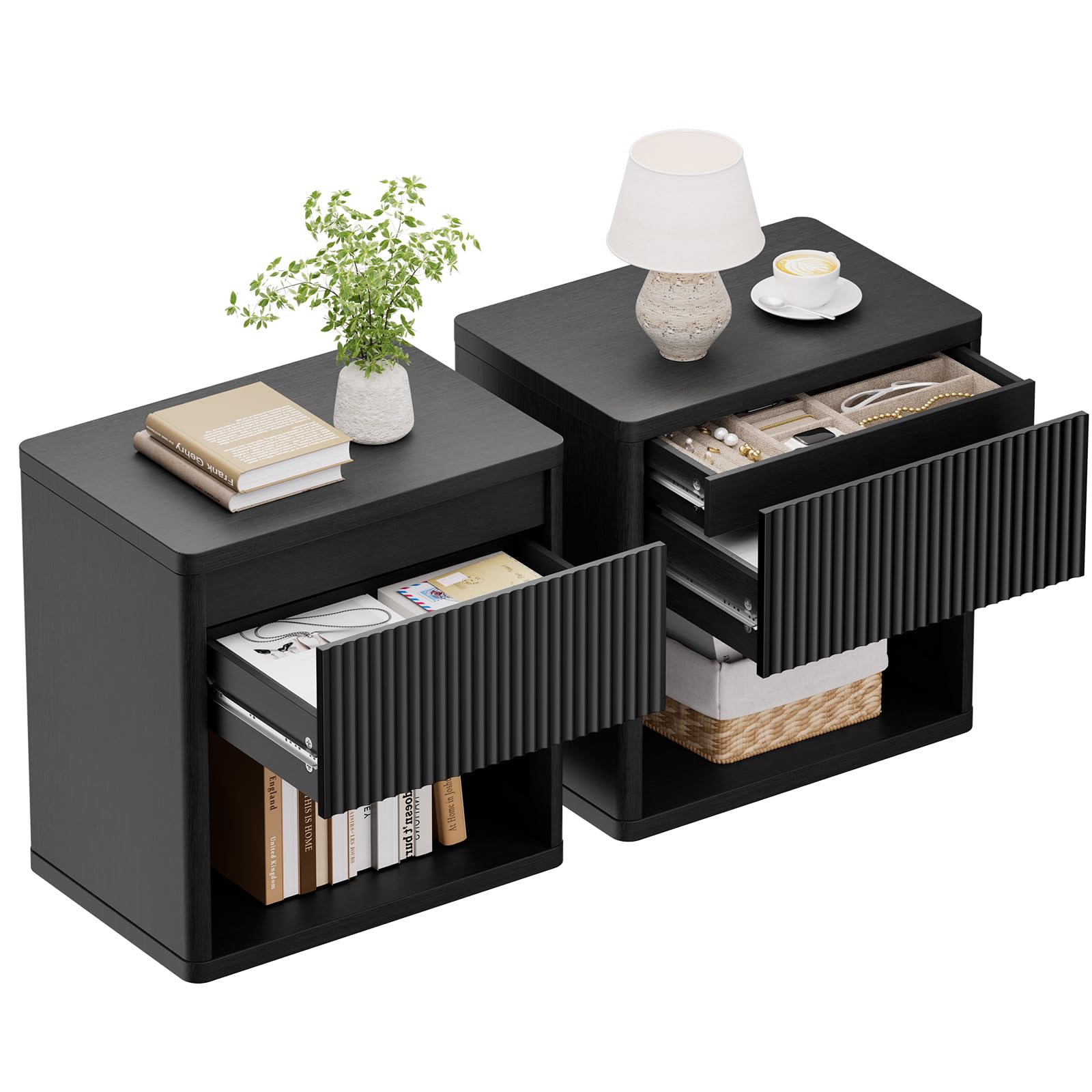 22.8" W Black Fluted Nightstand Set of 2 with 4 Drawers, Mid Century Modern Nightstand with Hidden Drawers, Large Night Stand, Accent End Table,