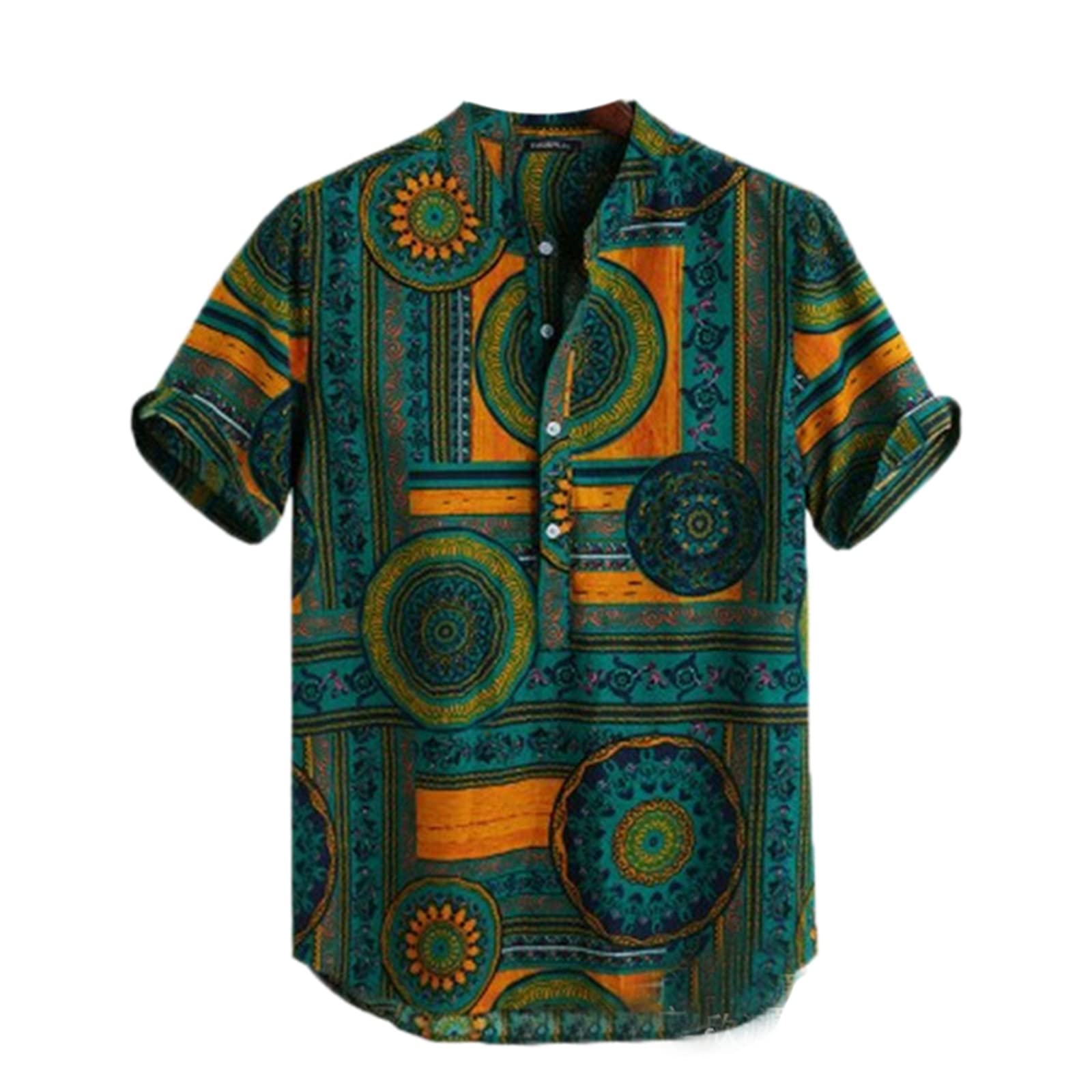Keepmore Men's Green Beach Short Sleeve Shirt Summer Casual Vintage Printed Short Sleeve Button Down Beach Shirt For Beach Holiday