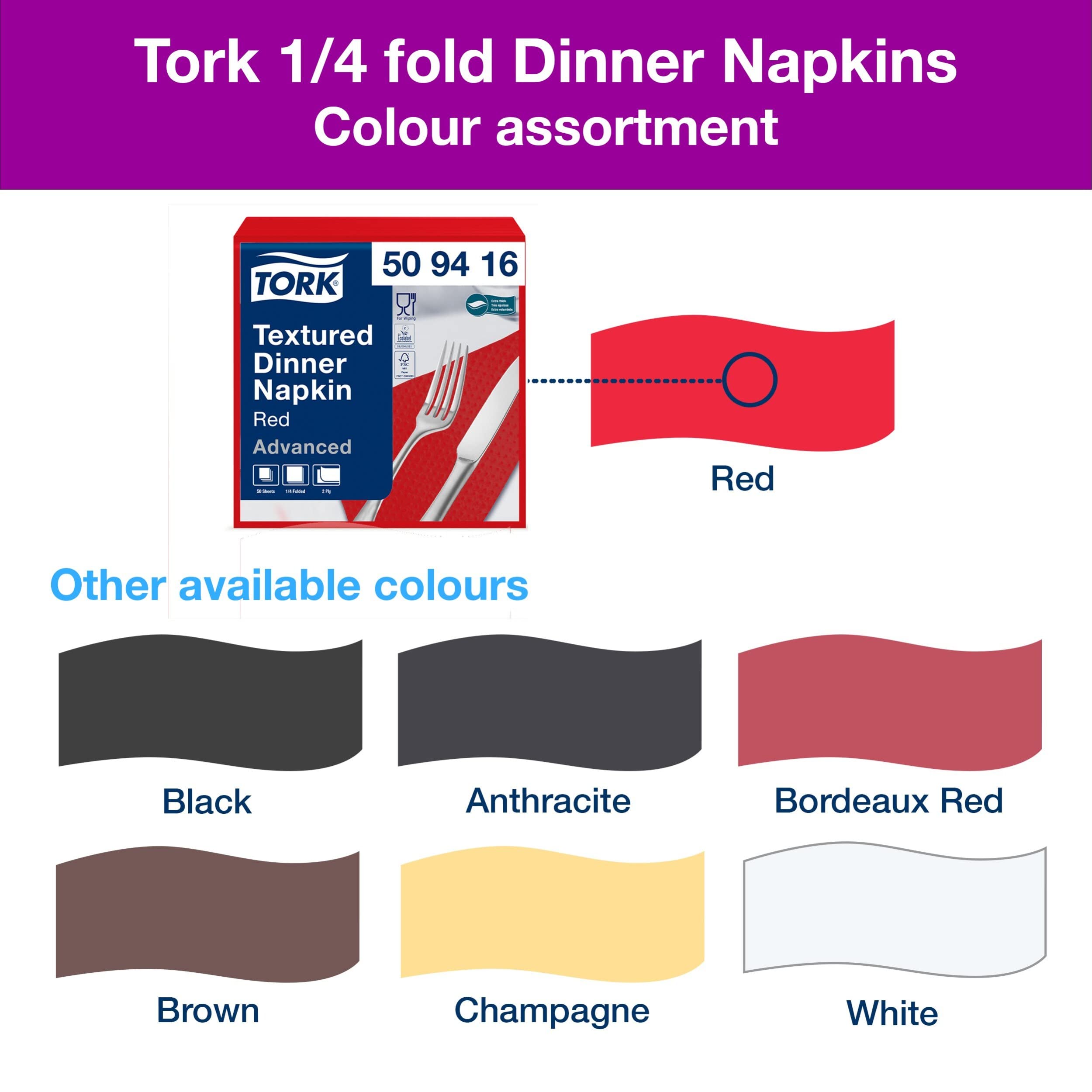 Tork 509416 - Dinner Servilleta de papel gofrado para cena, 2 capas, 18 paquetes x 50 unidades (900 servilletas), pliegue 1/4, 38 cm x 39 cm, color rojo