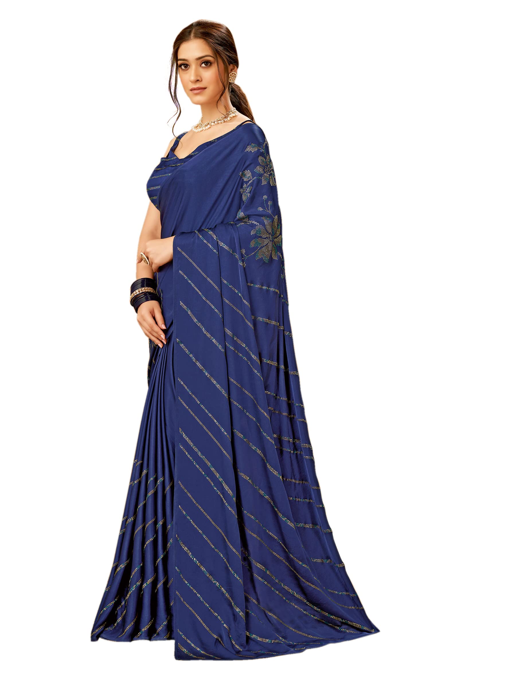 Vishal Prints Dark Blue Stone Work Satin Saree-41925