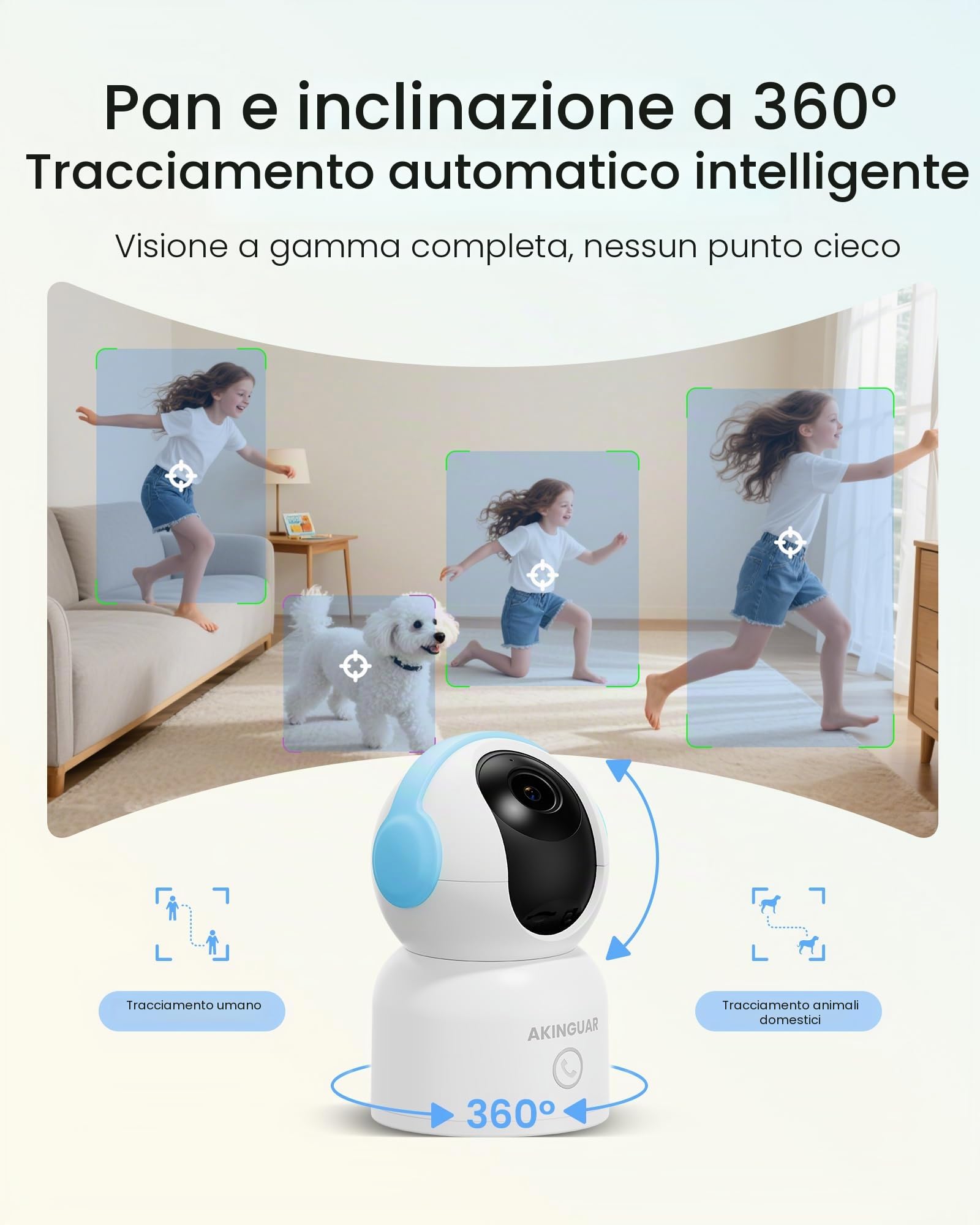 4K Telecamera Wi-Fi Interno, 360° PT + Scheda di Memoria da 64 GB | 2,4/5GHz Wi-Fi, Auto-Tracking, Rilevamento AI Persone/Animali/Bambino Pianto, Audio Bidirezionale, Con un Solo Tocco