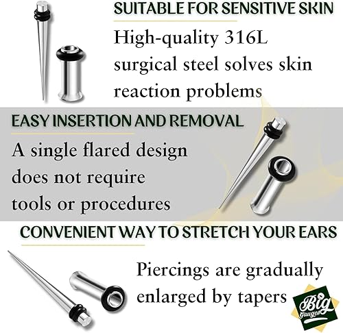 Miniatura 3 de 2 pares de dilatadores de acero quirúrgico 316L para túnel de una sola llamarada, piercing, joyería de estiramiento de oído, tapones para lóbulos