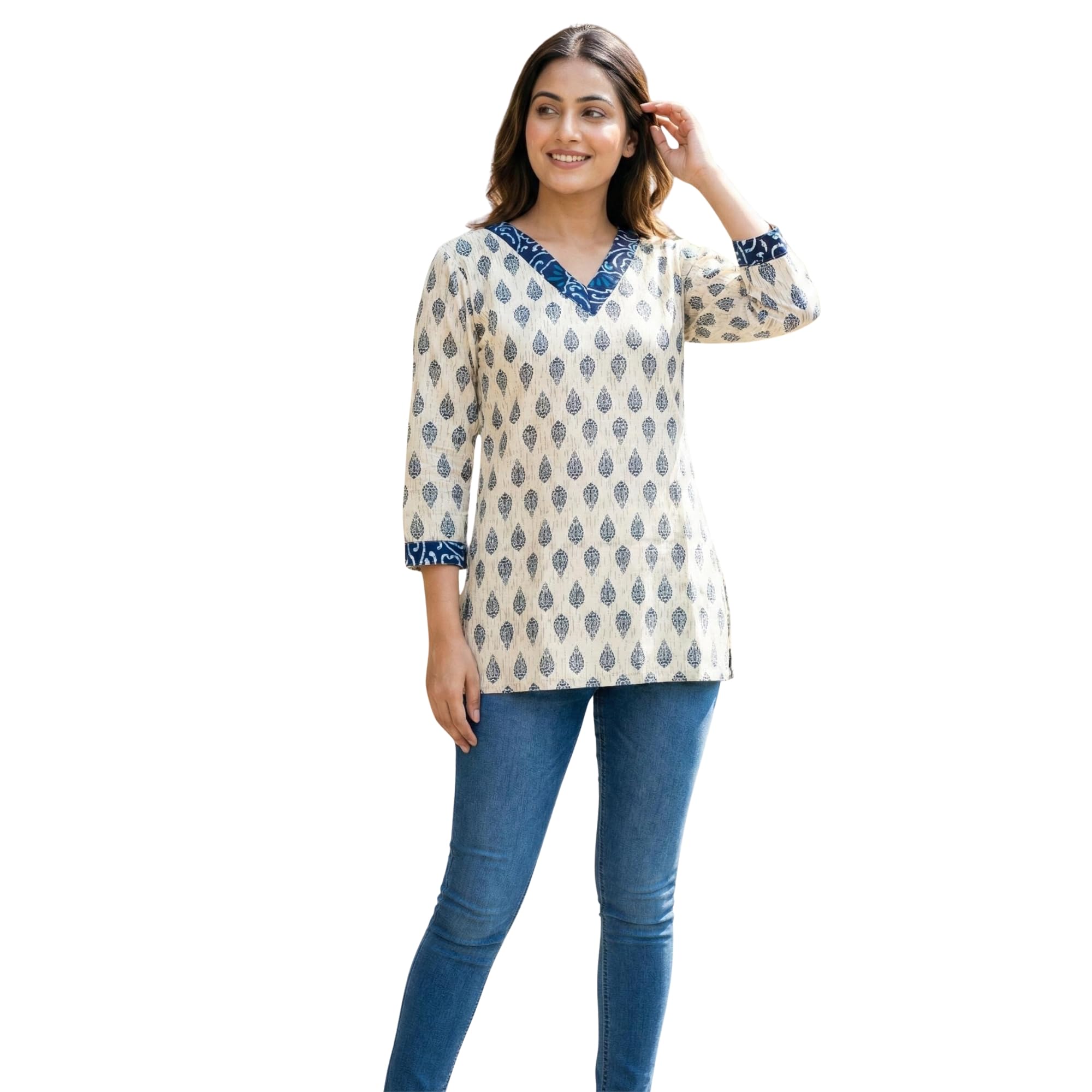 Cotton Women's Ivory Indigo Bloom Short Top-image-43