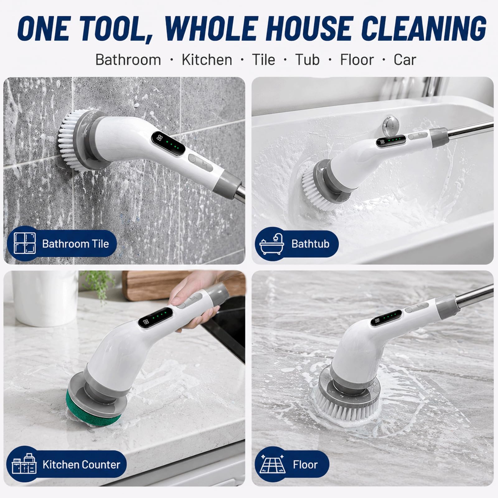 Brosse Nettoyage Electrique Rotative, Brosse Electrique Nettoyage avec 9 Têtes Interchangeables, Manche Réglable, IPX7 Étanche, 3 Vitesses, Electric Spin Scrubber pour Salle de Bain, Cuisine, Voiture