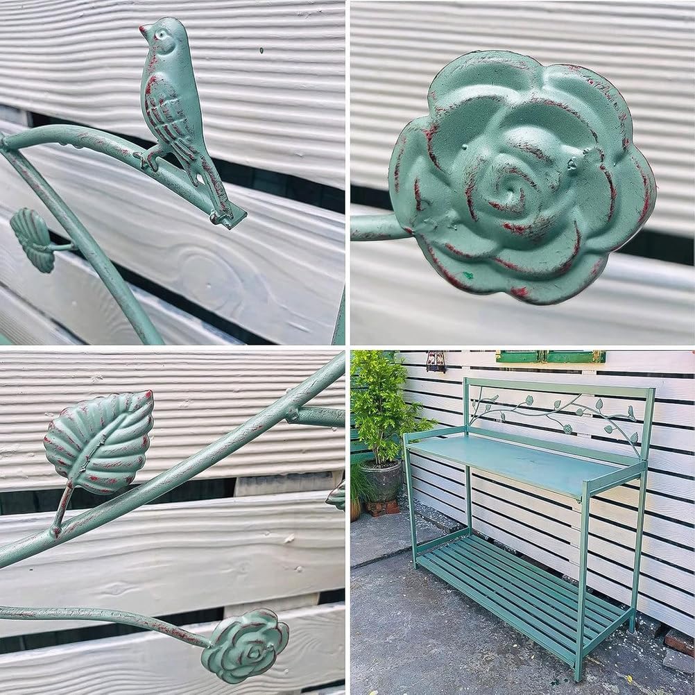 Outdoor Potting Bench with 2- Tier Patio Metal Potting Table Open Shelf, Garden Work Station Table for Planting 126.5x45x115.5cm,White