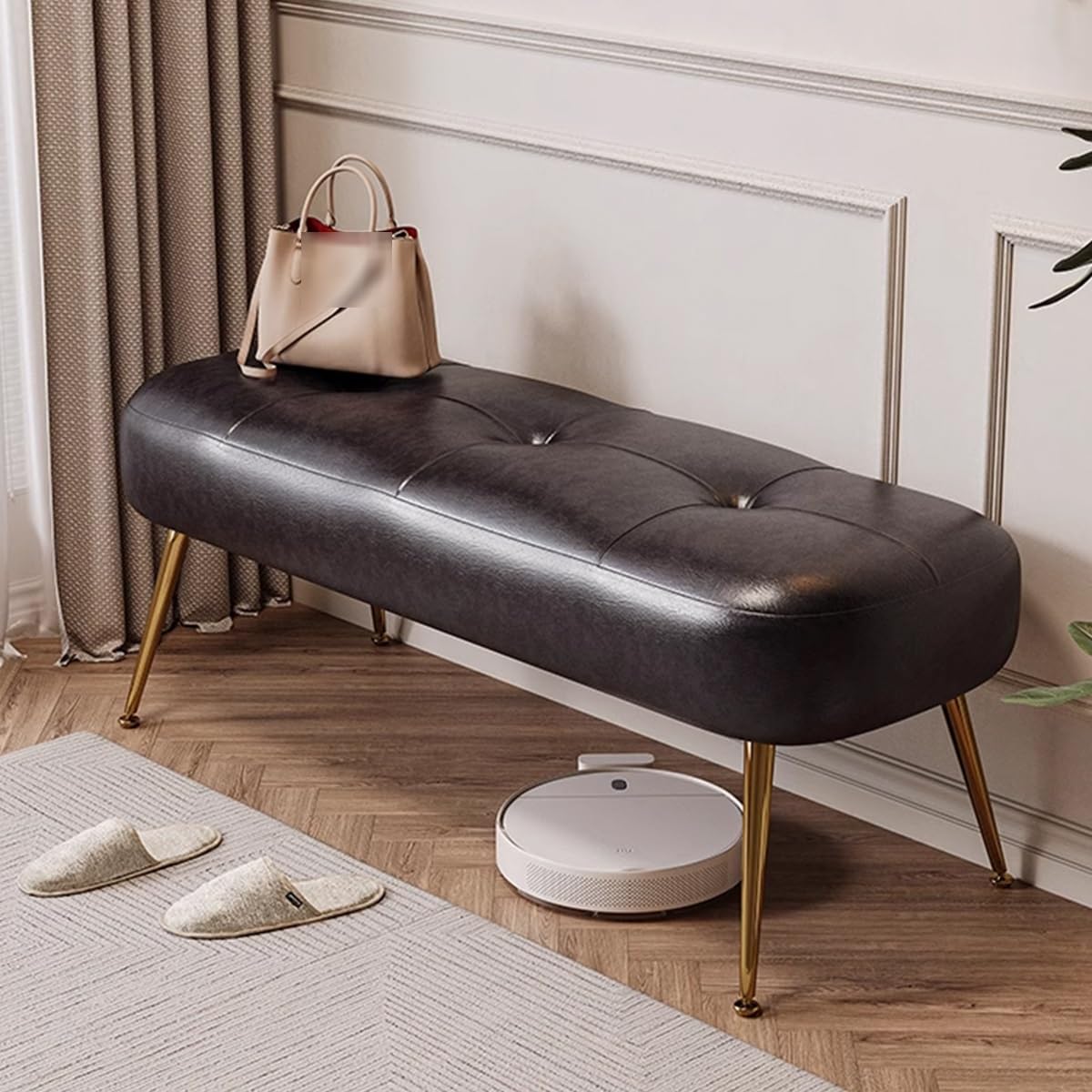 KLGFBDC Modern Shoe Bench with Padded Cushion Leather Upholstered Entryway Storage Shelf Versatile Large Bench for Bedroom Living Room Hallway - Black 31.5in/80cm
