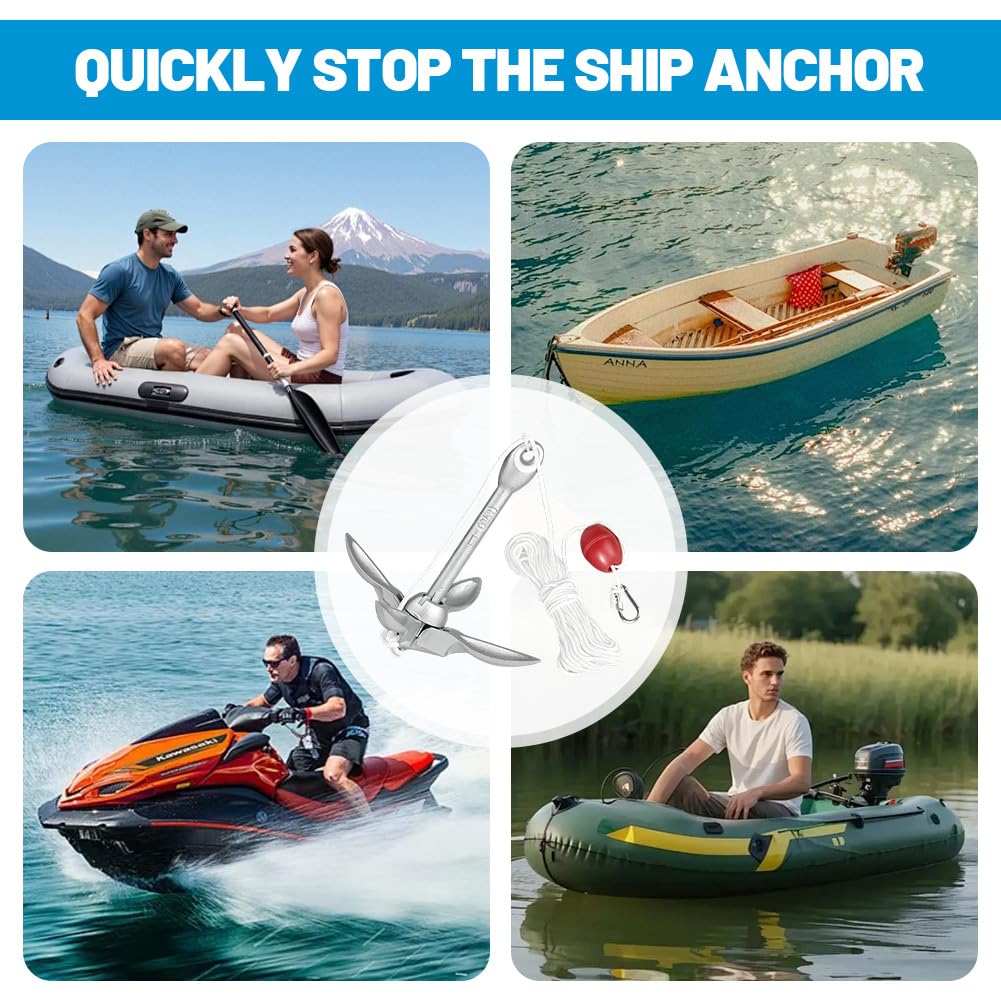 Anker Boot, Bootszubehör 2KG, Klappanker inklusive Ø 6mm 20M Ankerleine, Bojenkugel und Aufbewahrungstasche für Kajaks, Kanus und Jetskis