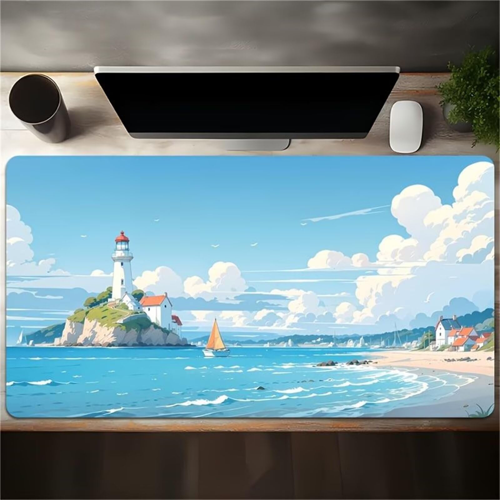 Tappetino Mouse XXL 700x400x3mm Paesaggio con faro sul mare tappetino per mouse Gaming,Base Antiscivolo,con Bordi Cuciti,Sottomano Grande Dimensione per Uffici e Scrivanie da Gioco