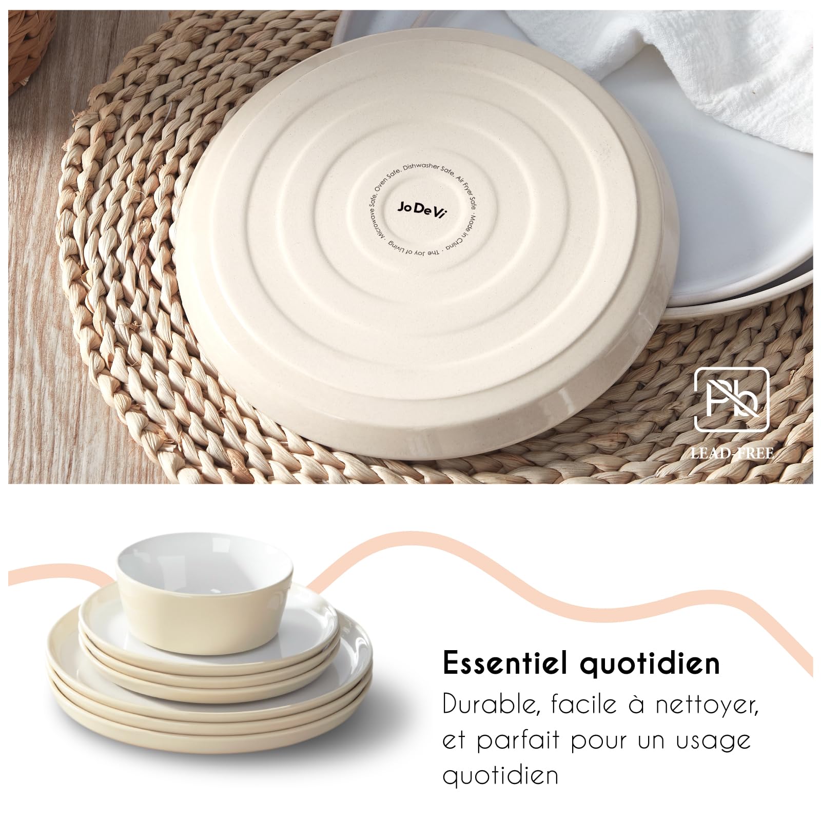 Service de Vaisselle 12 Pièces pour 4 Personnes | Ensemble Moderne en Porcelaine avec 4 Assiettes Plates, 4 Assiettes à Dessert et 4 Bols à Céréales | Design Rustique Style Ferme, Beige Clair