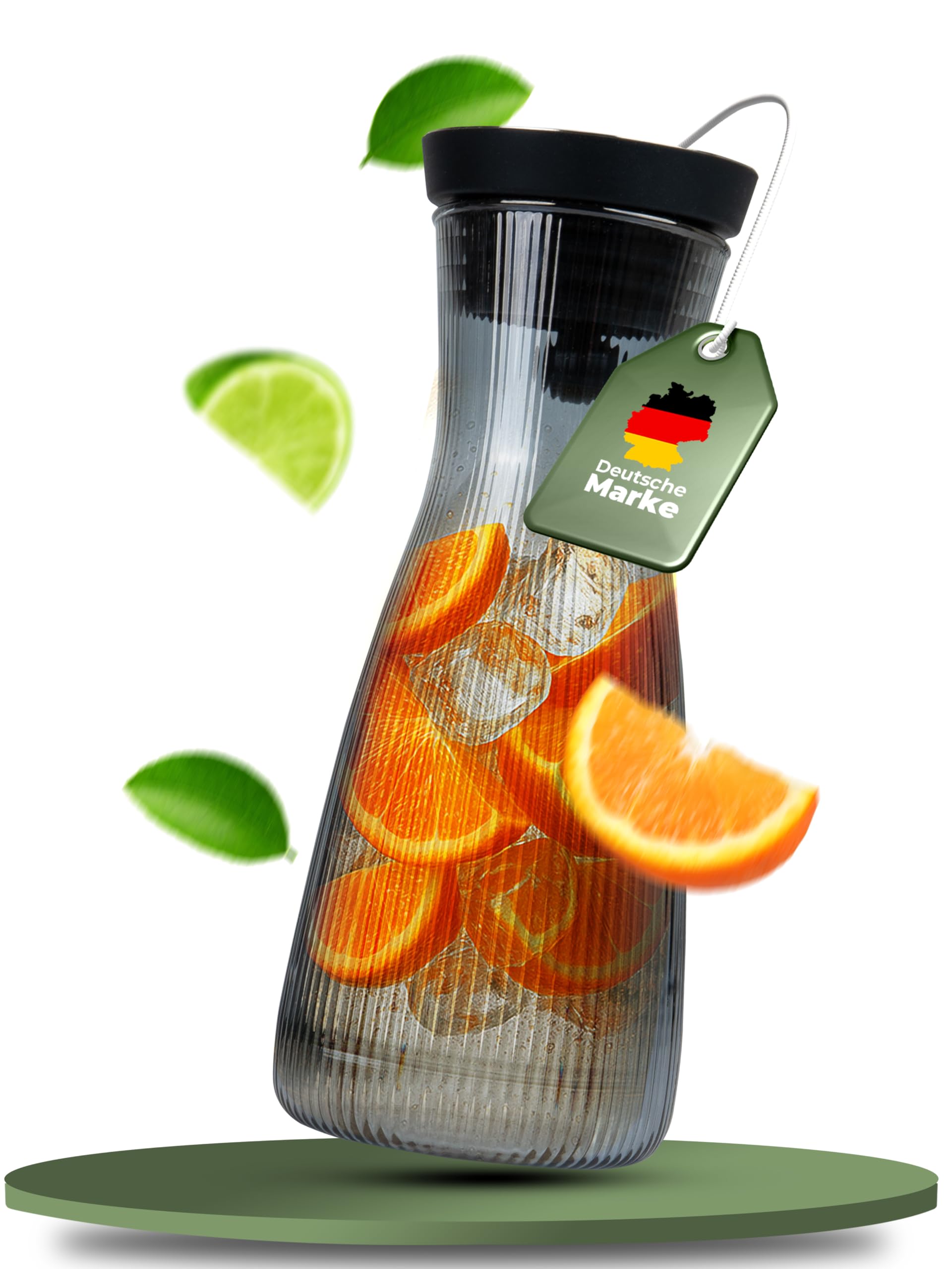 CLIDOR Wasserkaraffe mit Deckel - 1 L, edler Rauchglas Stil, Tropffreie Glaskaraffe mit Deckel, Eleganter Wasserkrug mit feiner Filterung, Ideal für Fruchtwasser, Säfte, Infused Water (1000ml)