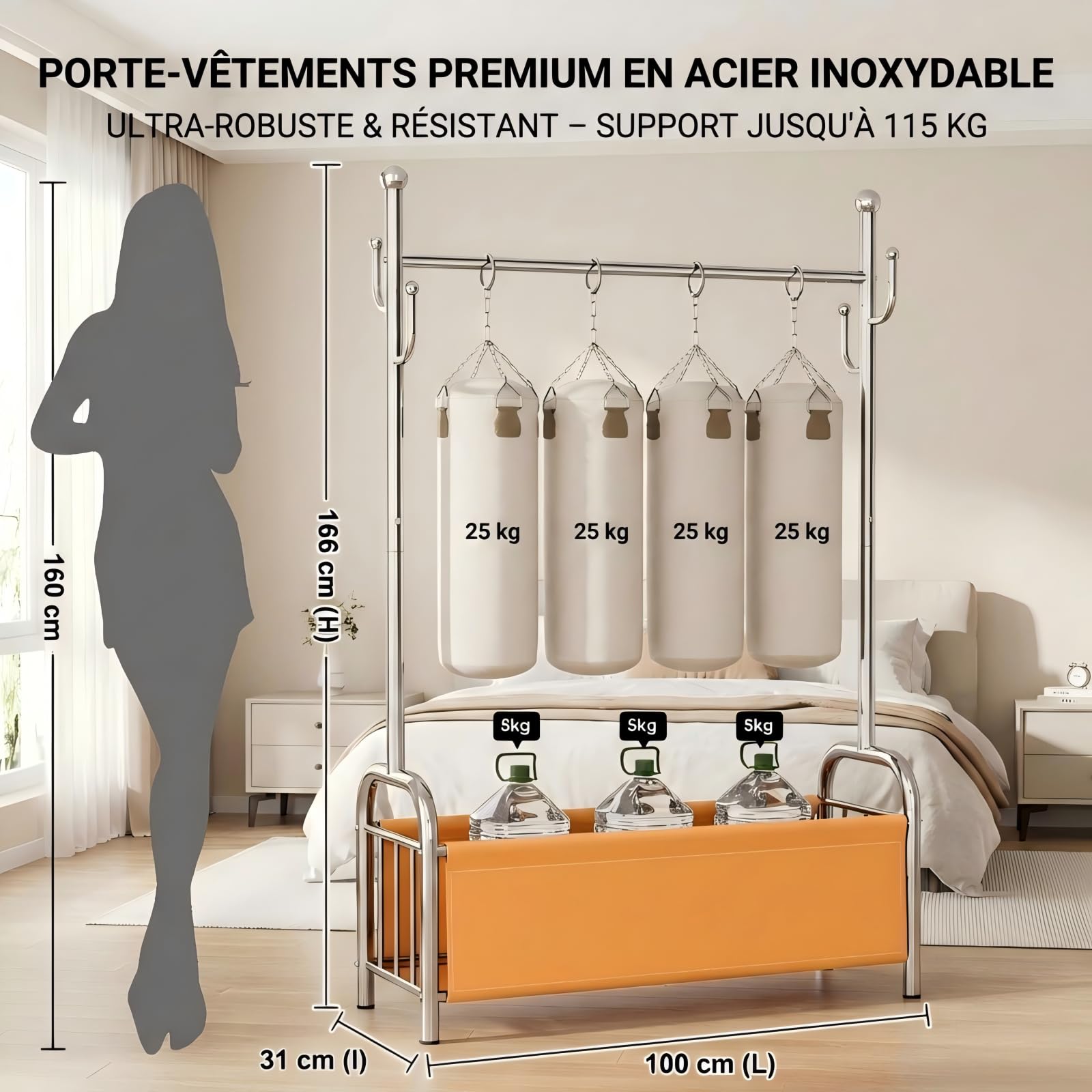 Portant à Vêtements en Acier Inoxydable avec Panier de Rangement, Penderie Solide, Tringle Robuste, Portant 3 en 1 pour Organisation des Vêtements
