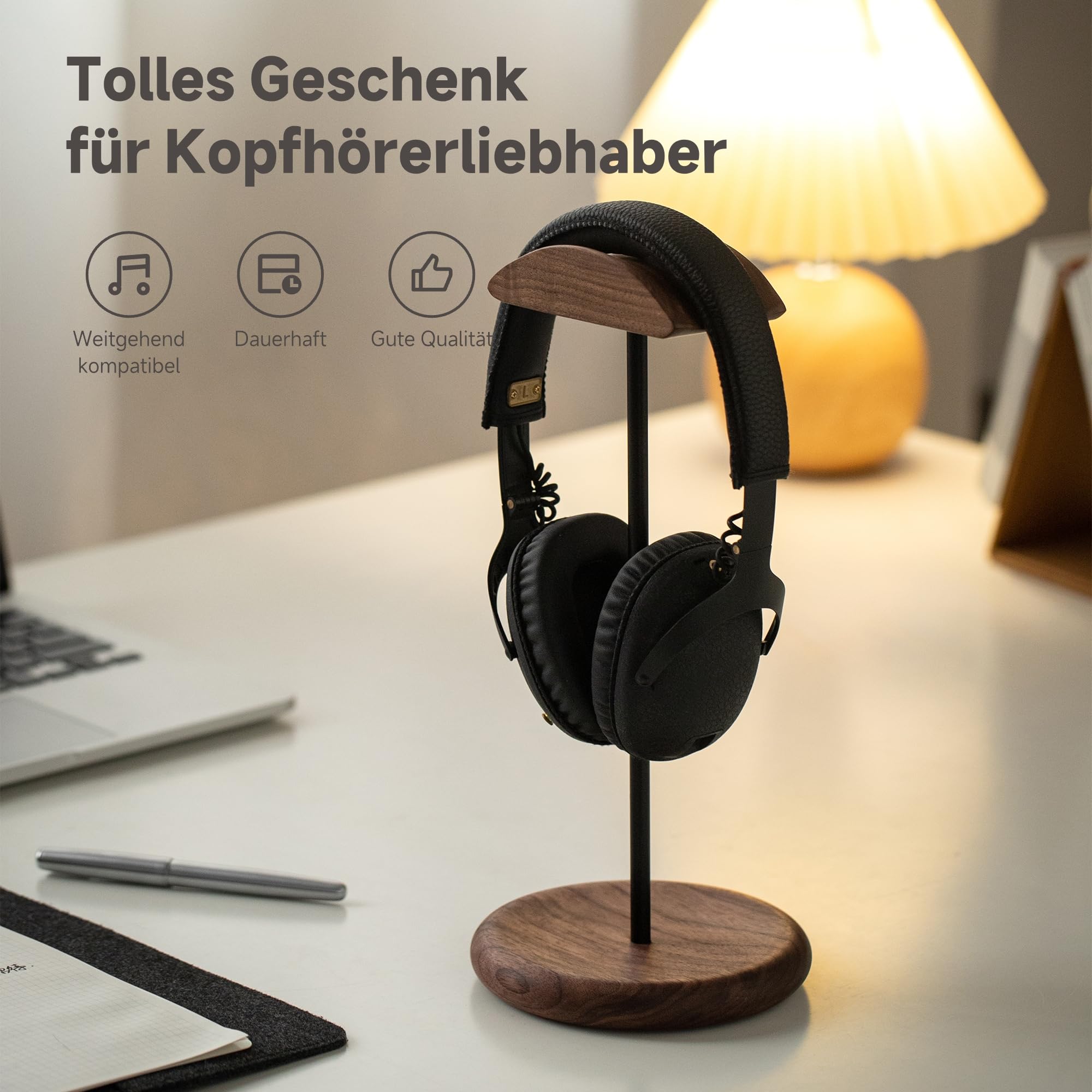 muso wood Headset Halterung Tisch Kopfhörer Ständer aus Walnussholz und Aluminium, stabiler Kopfhörerständer aus Holz, nachhaltiger Headset Ständer, Gaming Kopfhörer Halterung Halter