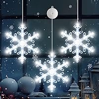 Vista 35 de Paquete de 3 luces de Navidad para ventana con temporizador, funciona con pilas, árbol de copo de nieve iluminado blanco con forma de estrella LED