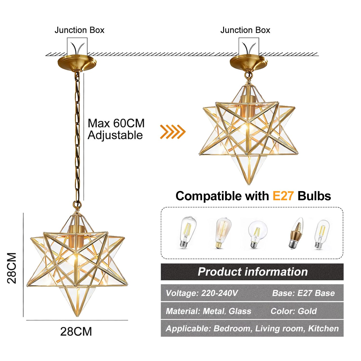Lámpara colgante de cristal de estrella, lámpara colgante de techo de linterna colgante de porche, lámpara colgante de cobre de lujo, lámpara colgante de techo E27 para Loft Bar Cafe