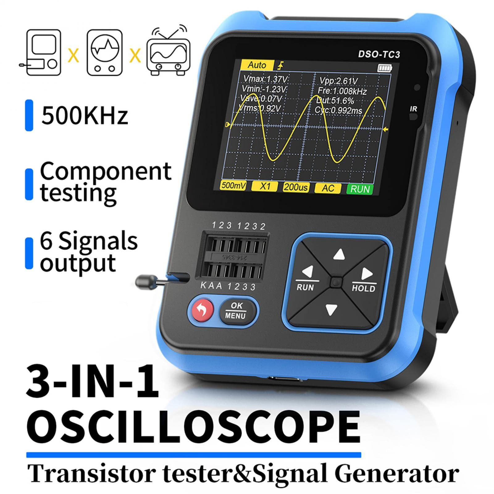 Probador de transistor digital de 2,4 pulgadas de ancho de banda de 500 kHz, osciloscopio portátil, mini osciloscopio recargable USB, salida rectangular PWM, osciloscopio portátil 3 en 1