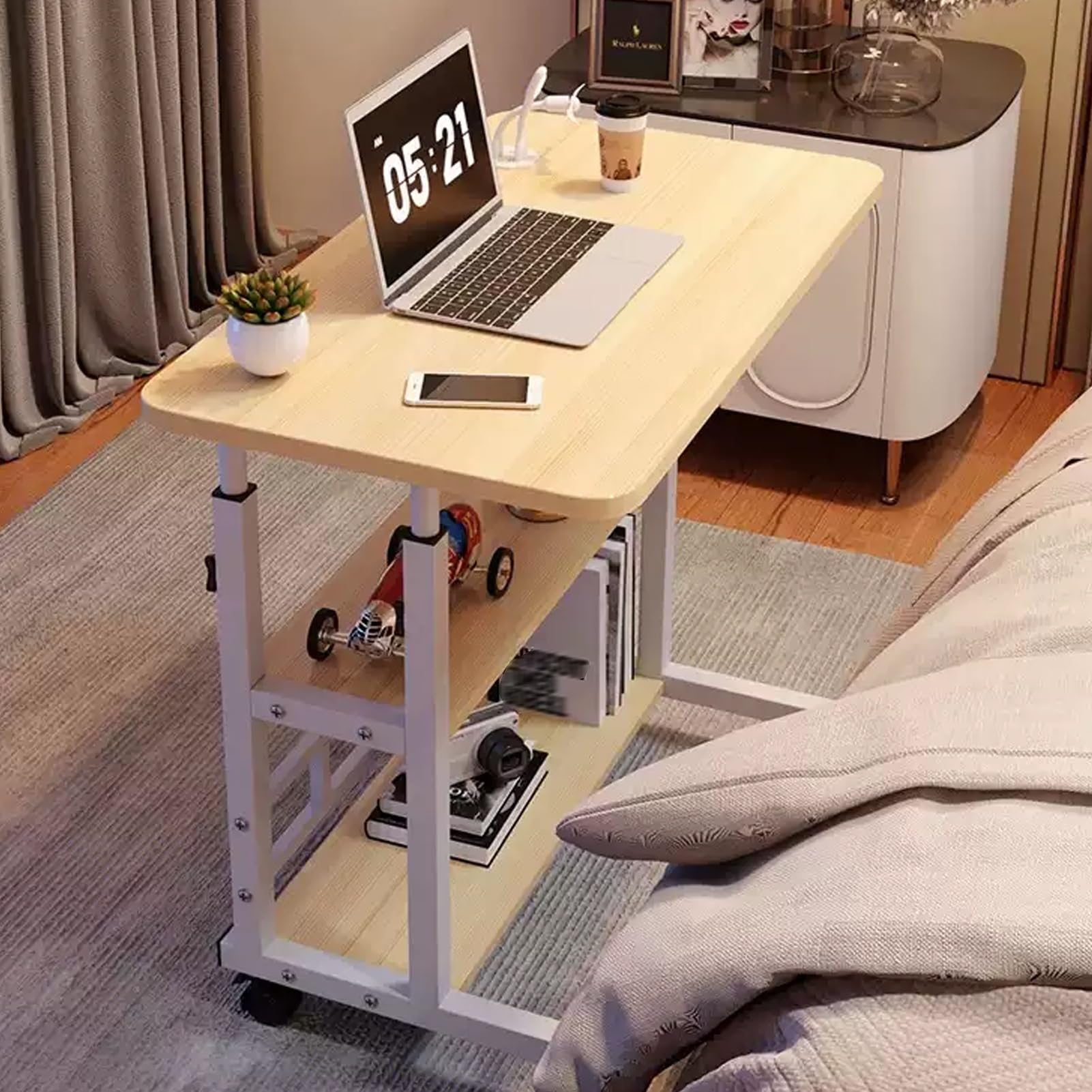 MYUYEE Standing Desk, Manual Height Adjustable Stand Up Desk, Computer Desk With Three Levels Of Storage, With Removable Wheels, For Home Office,Black,31.4In/80Cm (Natural-23.6In)
