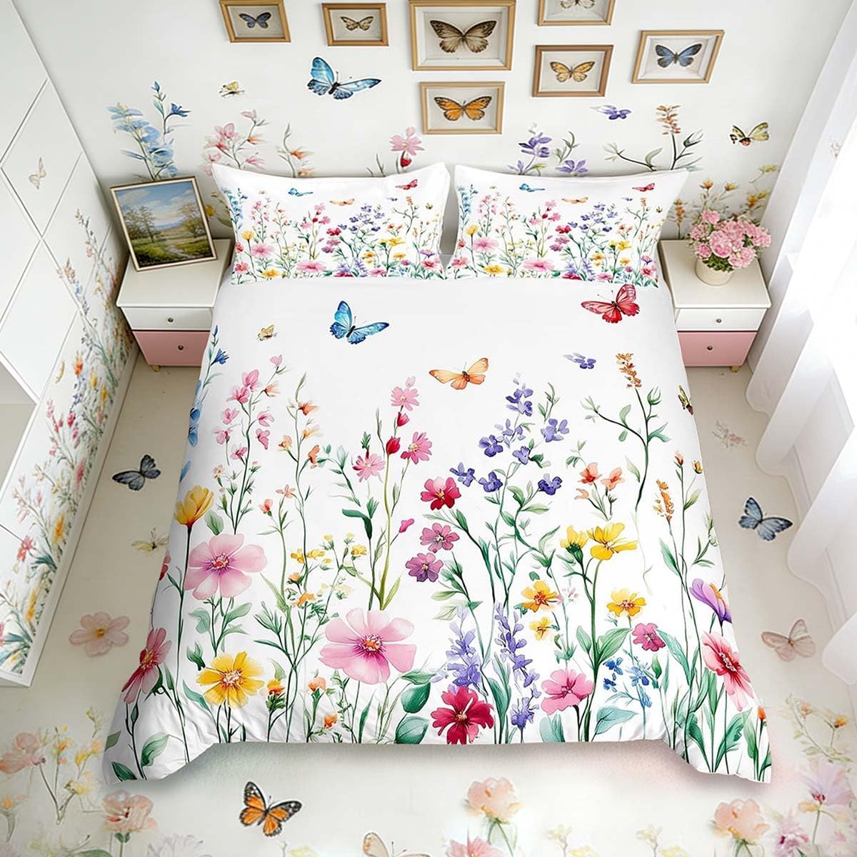 Homemissing Girl Butterfly Floral Duvet Cover Set King Size for Kids Boys Girls Garden Flower Bedding Set Watercolor Plant Design Duvet Cover with 2 Pillowcases — image 1