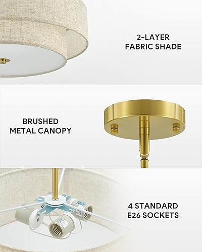 Miniatura 5 de VONLUCE Candelabros modernos, candelabros de tambor de 18 pulgadas con pantalla de tela de 2 capas, lámpara colgante de 4 luces con bases E26,